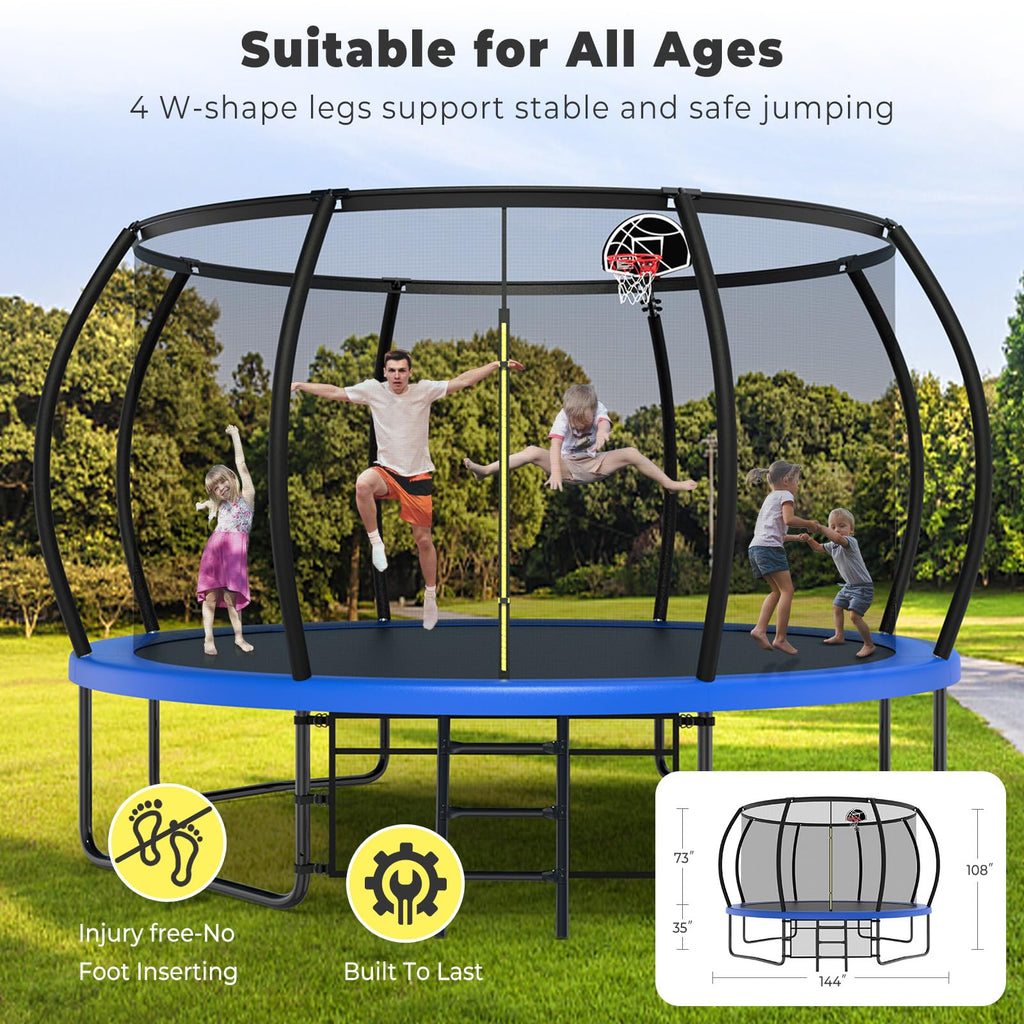 Lyromix 14FT Outdoor Trampolines for Kids and Adults, Pumpkin Trampolin with Curved Poles, Recreational Trampolin with Basketbal