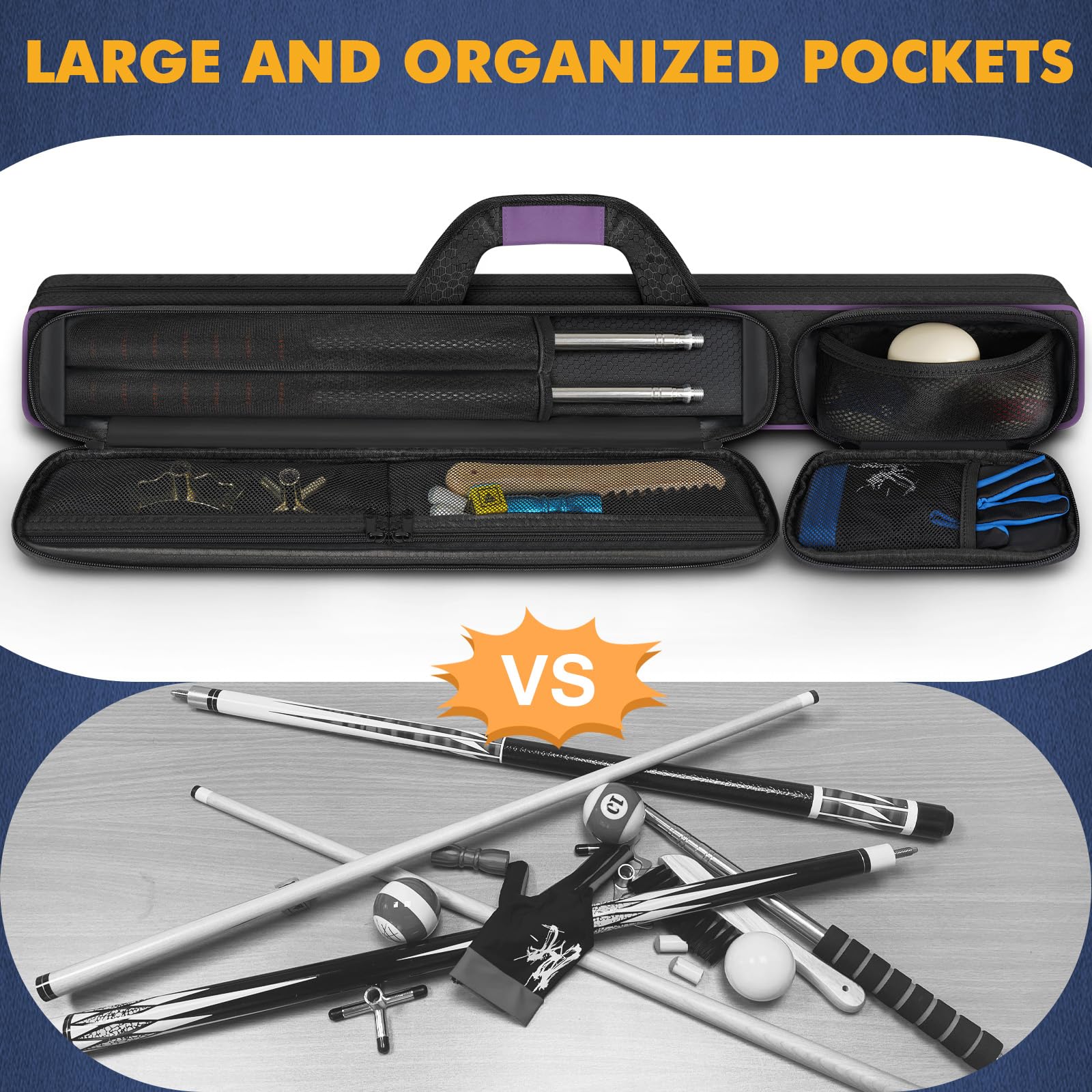 Pekrews Pool Cue Case, Pool Stick Case 2X2 Holds 2 Sticks With 2 Accessory Zipper Pockets, Sturdy Polyester Pool Cue Carry Bag W