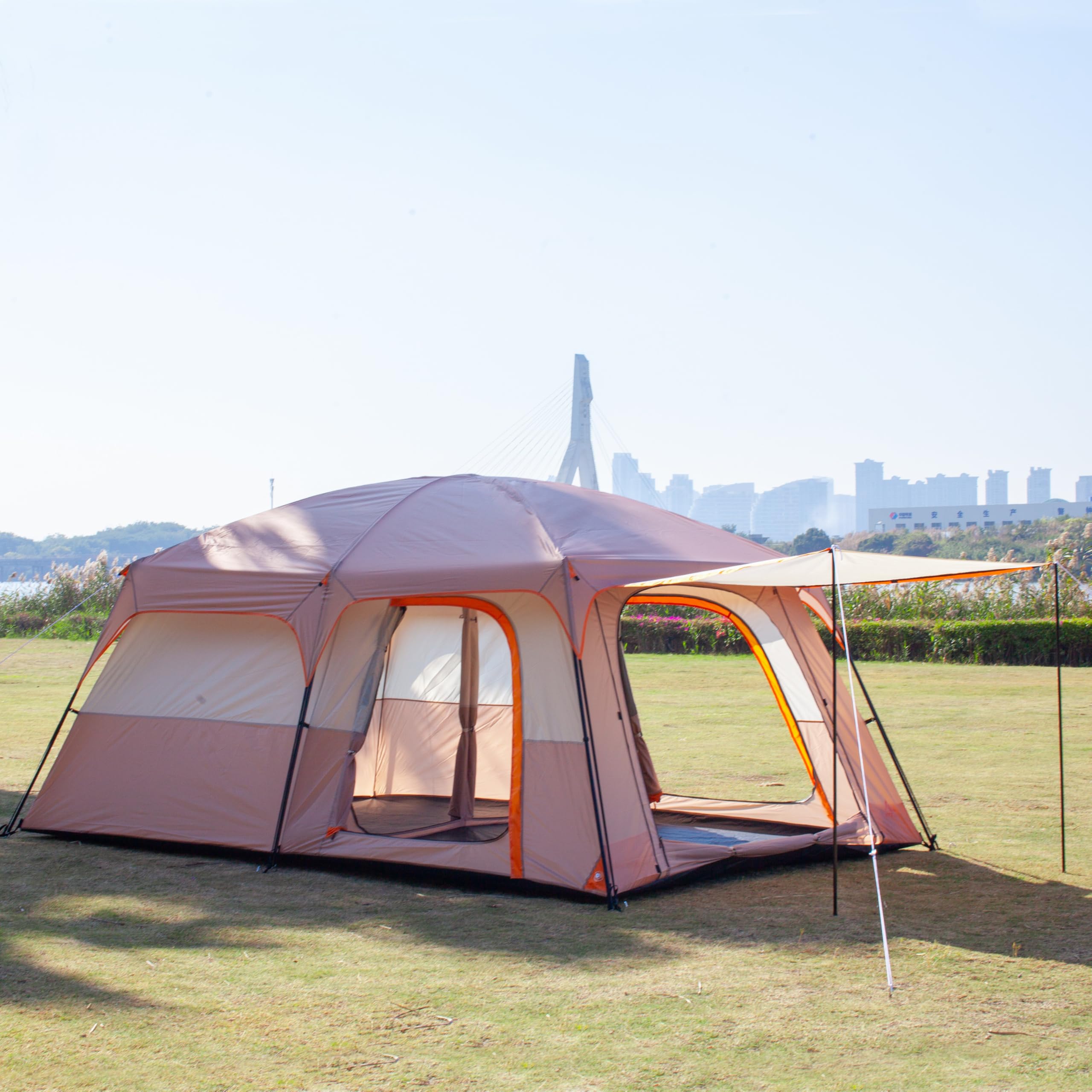 Ktt Extra Large Tent 12 Person,Family Cabin Tents,2 Rooms,3 Doors And 3 Windows With Mesh,Straight Wall,Waterproof,Double Layer,