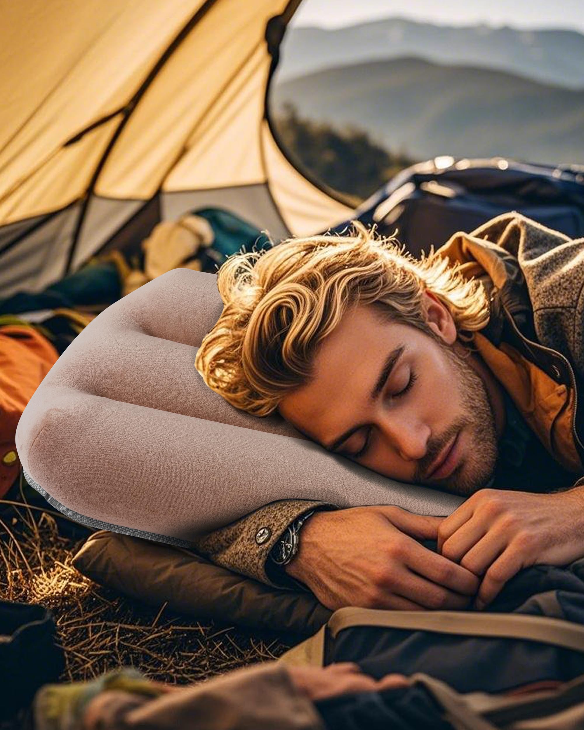 Kampair Ultralight Inflatable Camping Pillow For Sleeping - Soft Velvet Cover, Compact & Portable, Ergonomic Neck Support, Machi