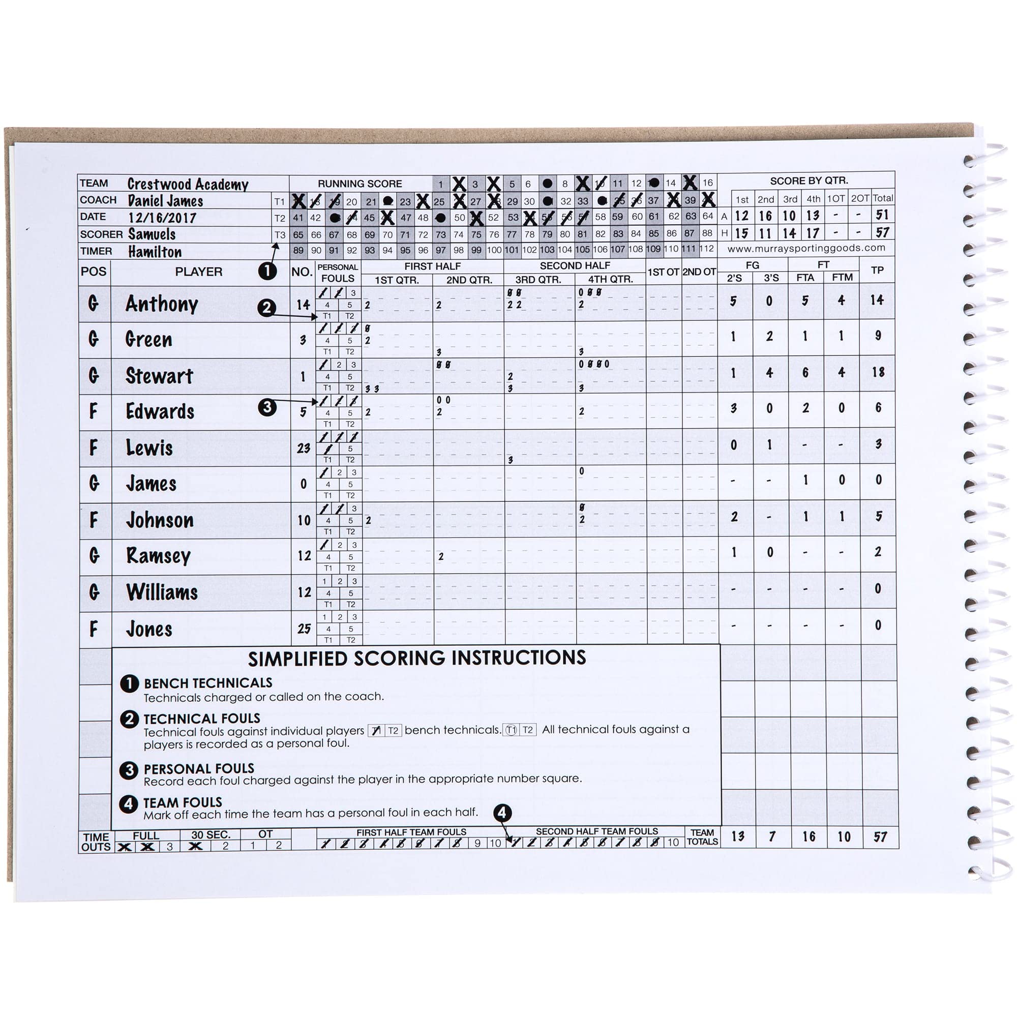 Murray Sporting Goods Basketball Scorebook - 35 Games Score Book Side By Side Score Keeping Book For Stats  Basketball Stat Trac