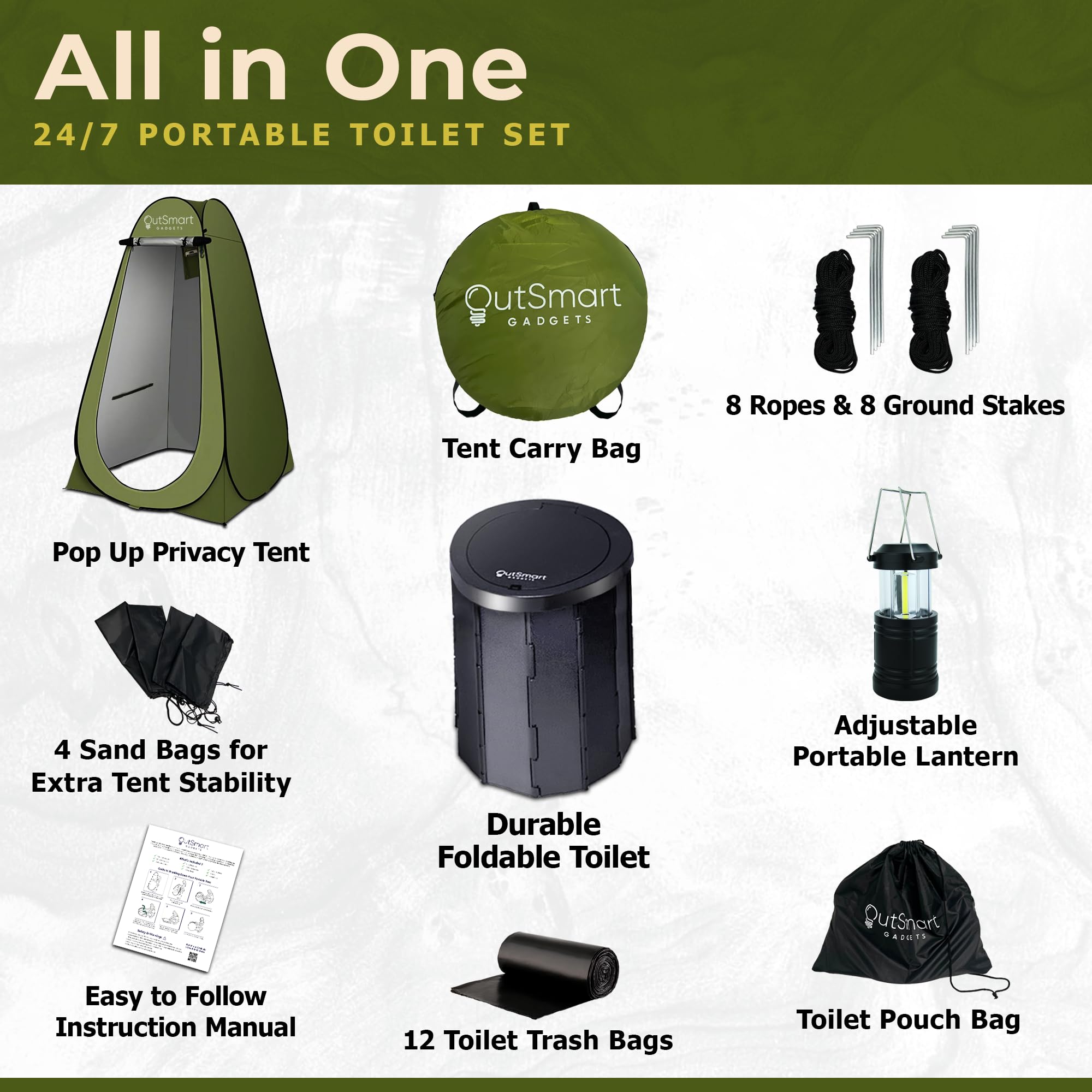 Outsmart Gadgets Portable Toilet Kit For Adults With Camping Night Lantern, Folding Xl Toilet Seat, Pop Up Privacy Tent And Carr