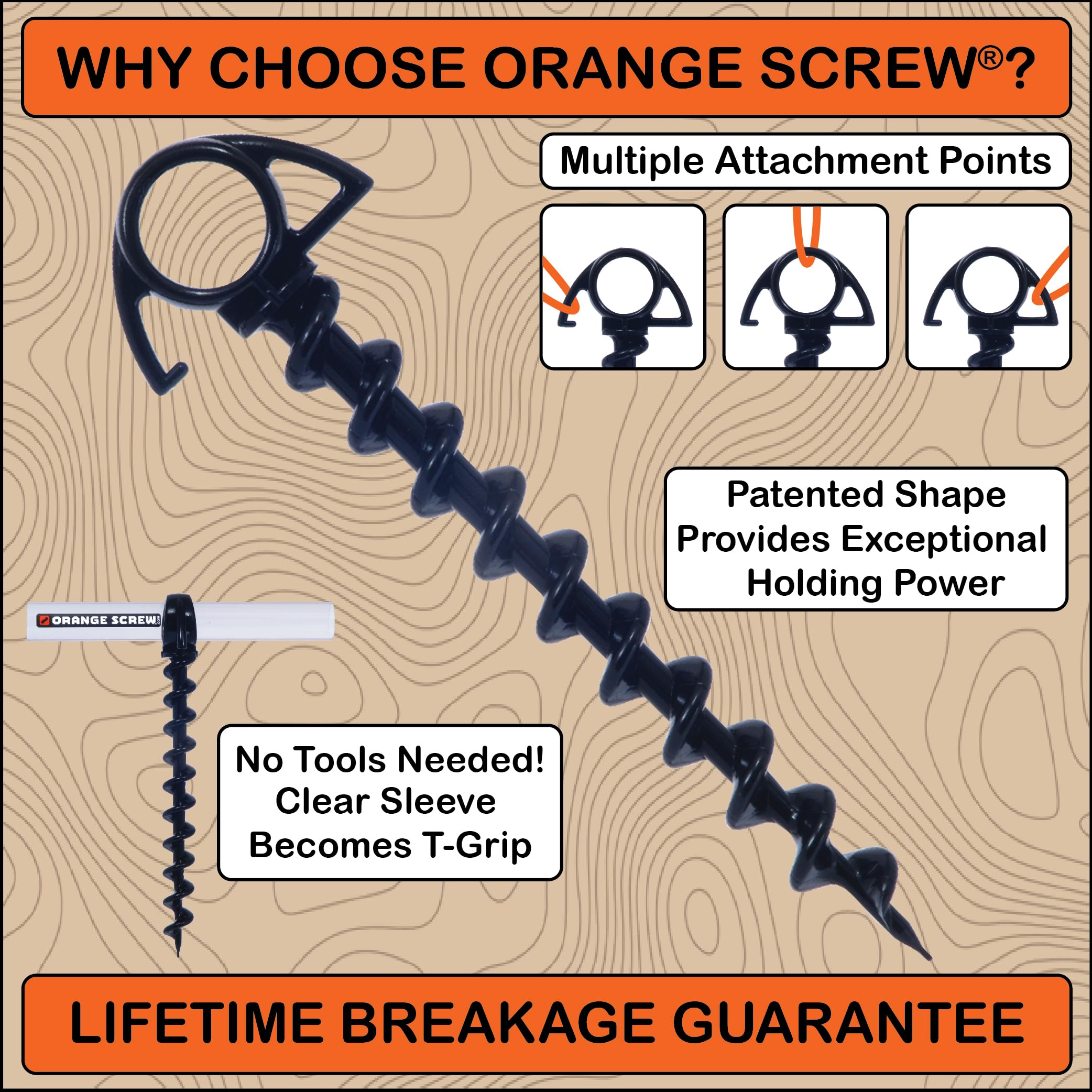 Orange Screw: The Ultimate Ground Anchor  Small 4 Pack Tent Stakes  Made In Usa (Black)