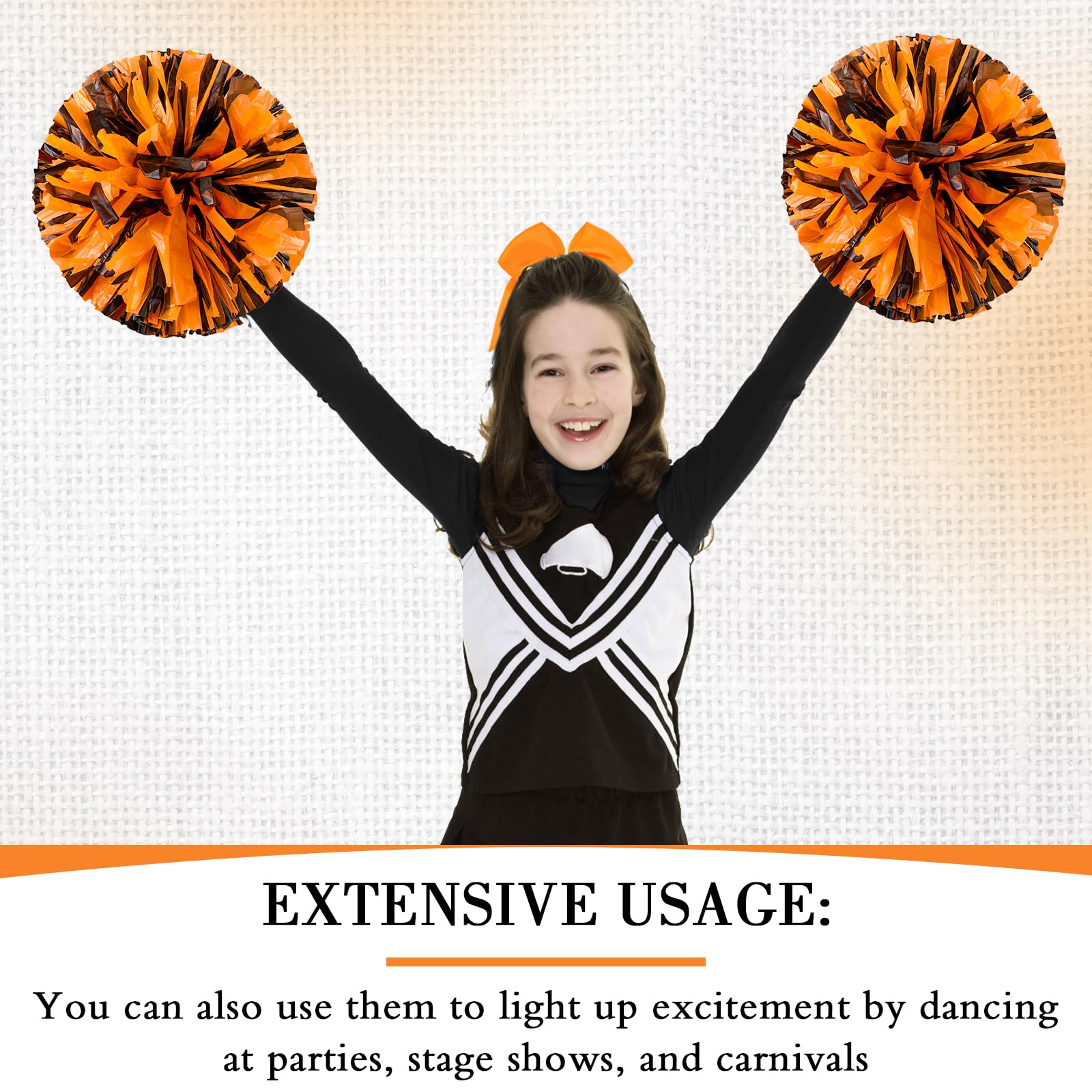 Hanaive 3 Pcs Cheerleading Pom Poms And Large Cheerleader Hair Bow For Girl Metallic Cheer Pom Poms For Teen Dance (Orange And B