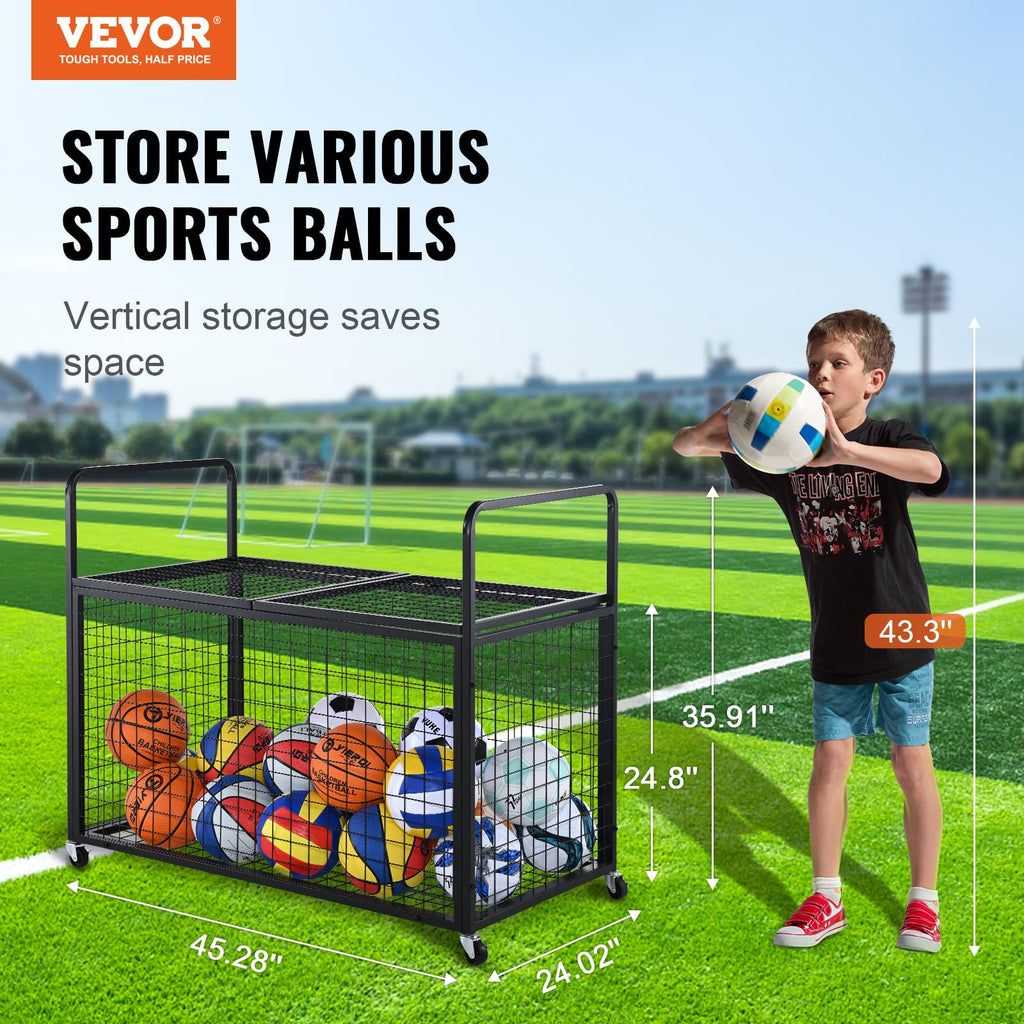 Vevor Rolling Sports Ball Storage Cart, Lockable Basketball Cage With Double Lids, Sport Equipment Holder Organizer For Indoor O