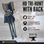Black Sierra Xl Tripod Hunting Stool, Foldable Tripod Seat W/Steel Frame Supports 300 Lbs, Heavy Duty Fishing Chair Features Cup