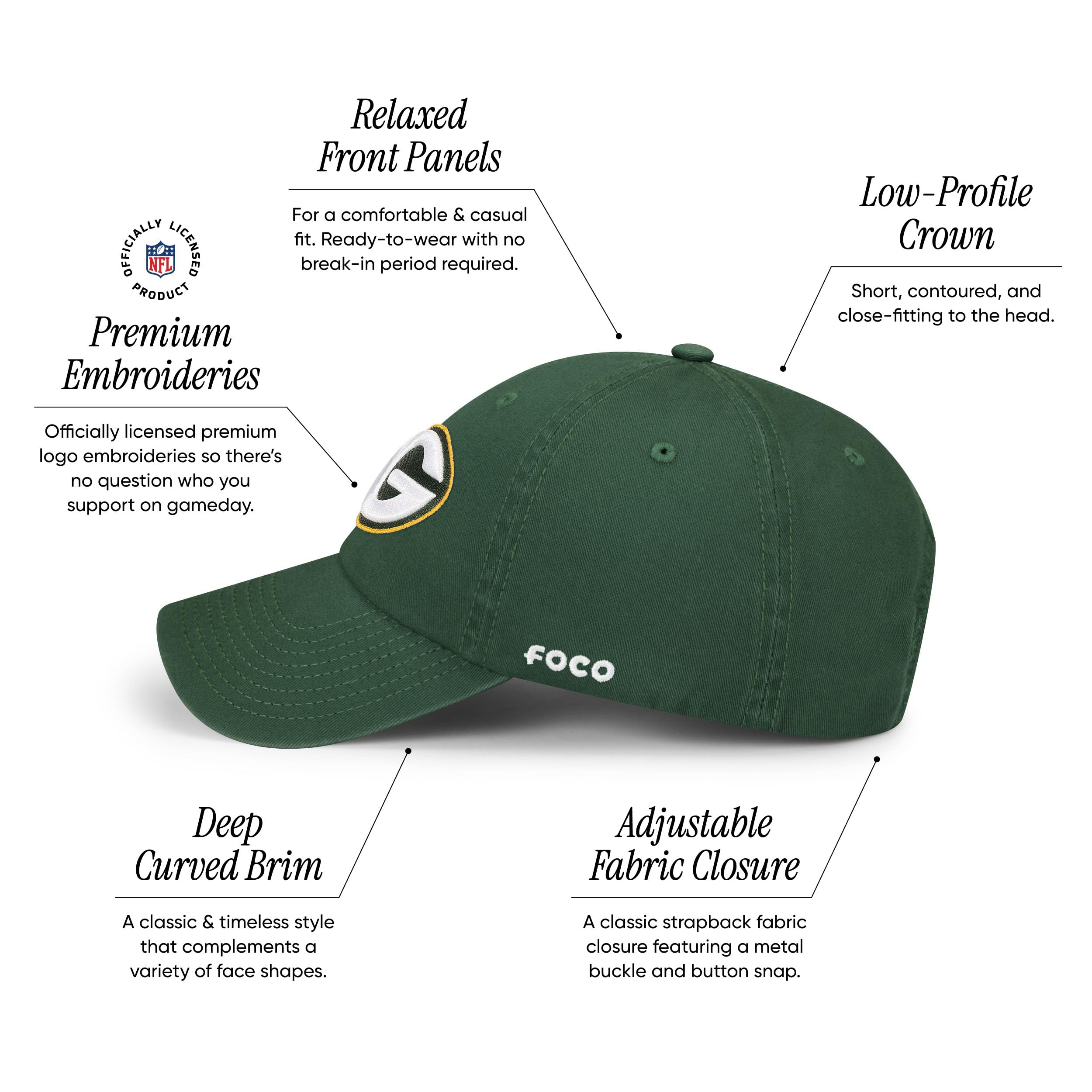 Foco Men'S Green Bay Packers Cap Nfl Logo Casual Hat, Team Color