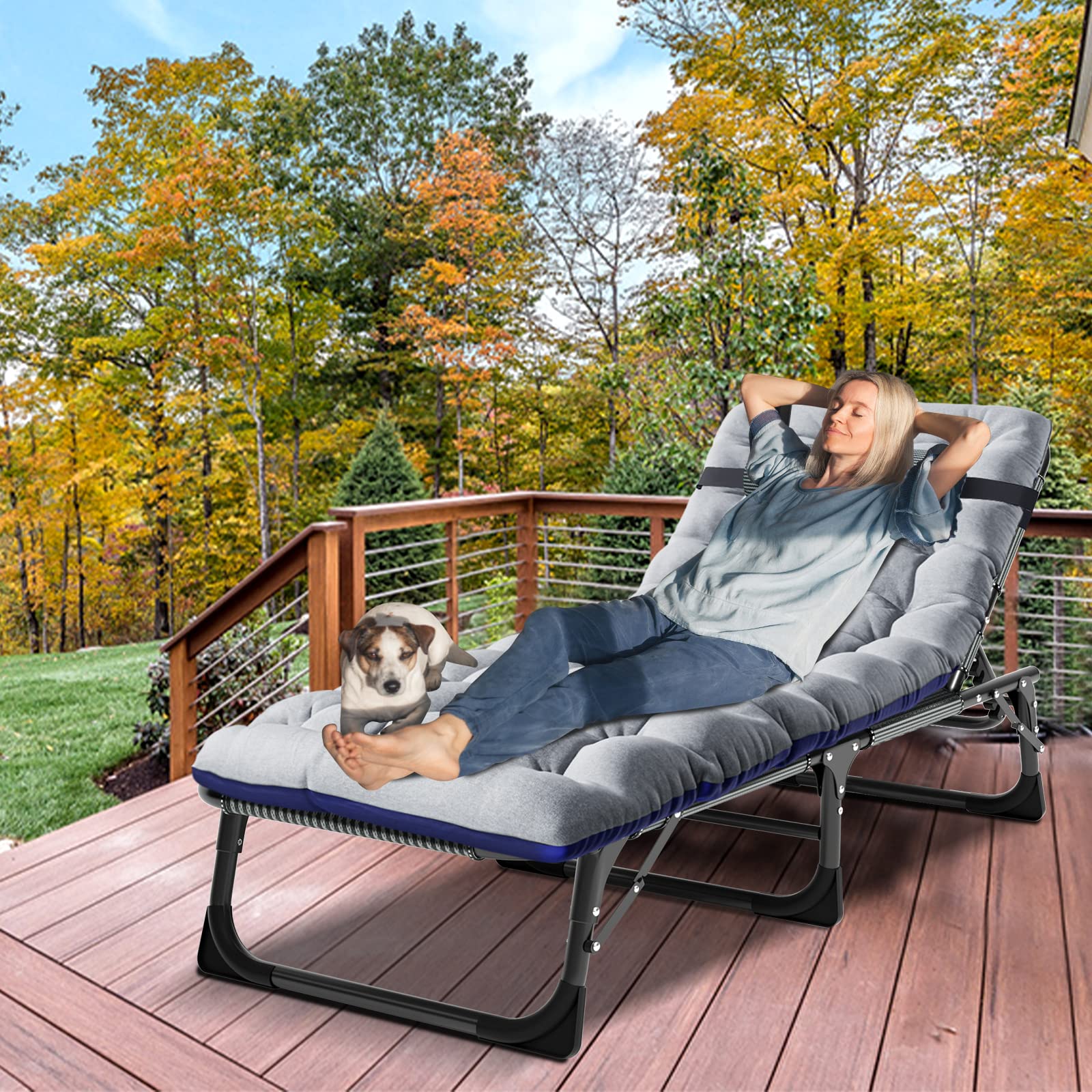 Lilypelle Portable Folding Camping Cot, Adjustable 4-Position Adults Reclining Chaise With Pillow, Outdoor Portable Lounge Chair