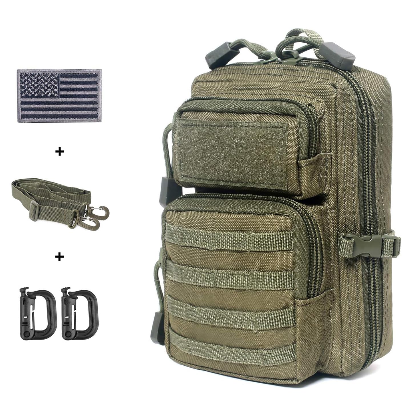 Tactical Molle Pouch Compact EDC Tool Pouch Bag Mini Utility Pouch with US Flag Patch, Shoulder Strap & Two D-Rings (Army Green)