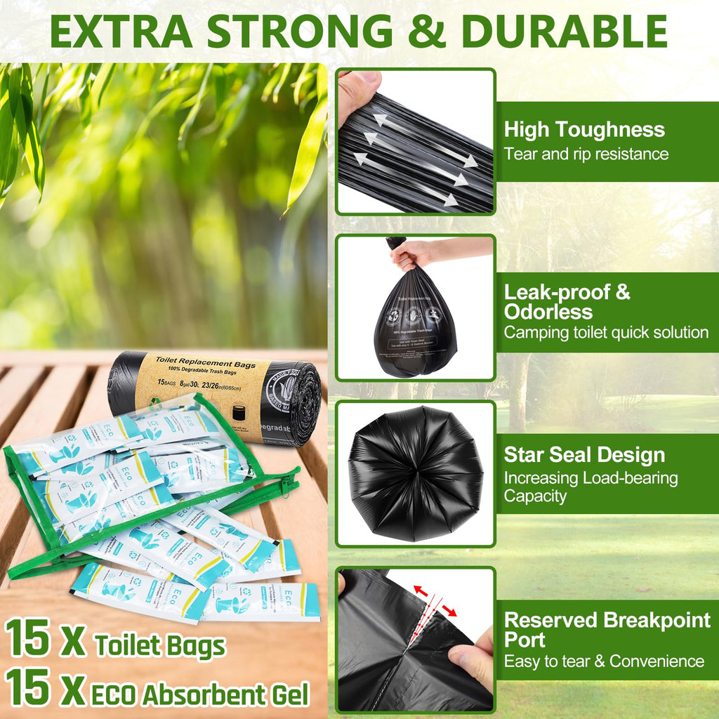 Blika 15 Count Camping Toilet Bags Eco Absorbent Gel Set, Portable Toilet Bags With Gel, 8 Gallon, 30 Liter, Heavy Duty 1 Mil, T
