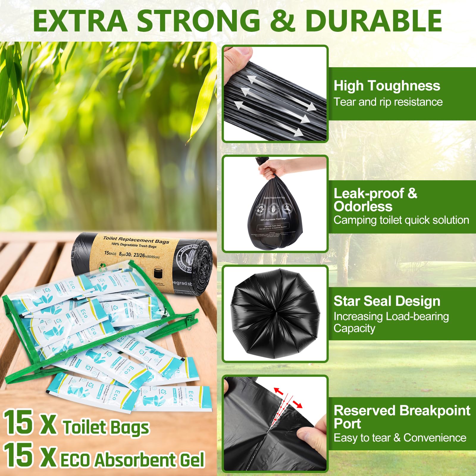 Blika 15 Count Camping Toilet Bags Eco Absorbent Gel Set, Portable Toilet Bags With Gel, 8 Gallon, 30 Liter, Heavy Duty 1 Mil, T