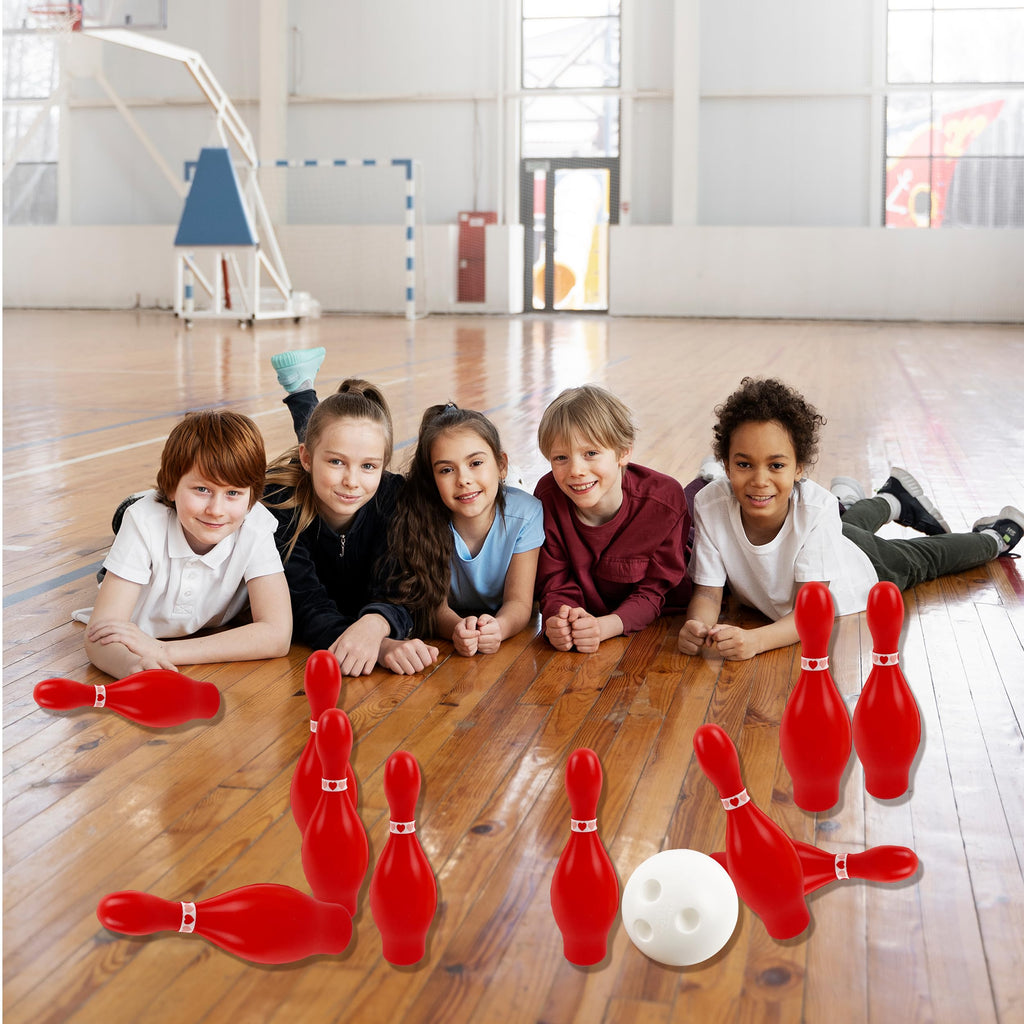 4E'S Novelty Valentines Day Bowling Game Set - 10 Red Pins, 2 Balls, Indoor/Outdoor Backyard Carnival Game, Classroom Valentine'