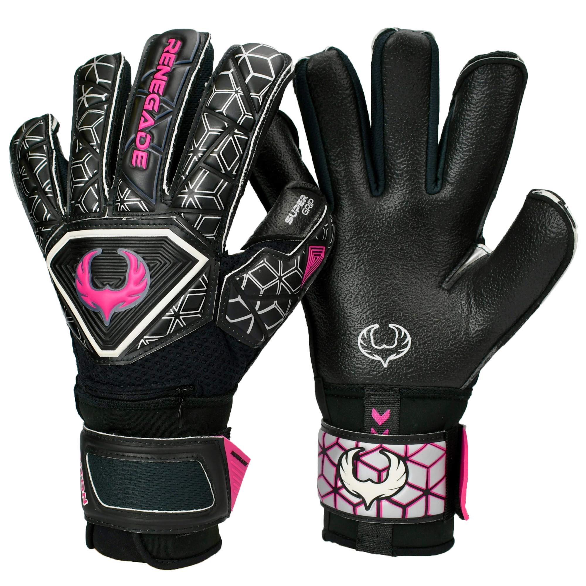 Renegade GK Triton Frenzy Goalie Gloves with Pro-Tek Finger Spines | 3.5+3mm Super Grip & 4mm Duratek | Black & Pink Soccer Goal