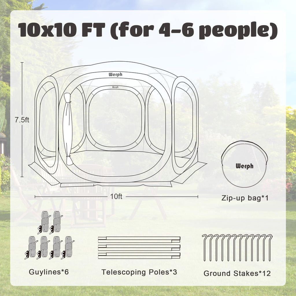 Werph Screen Tent Pop-Up, Portable Tent Canopy with Mesh Mosquito Net, Screen House Room Canopy Shade 10x10 FT with Carry Bag fo