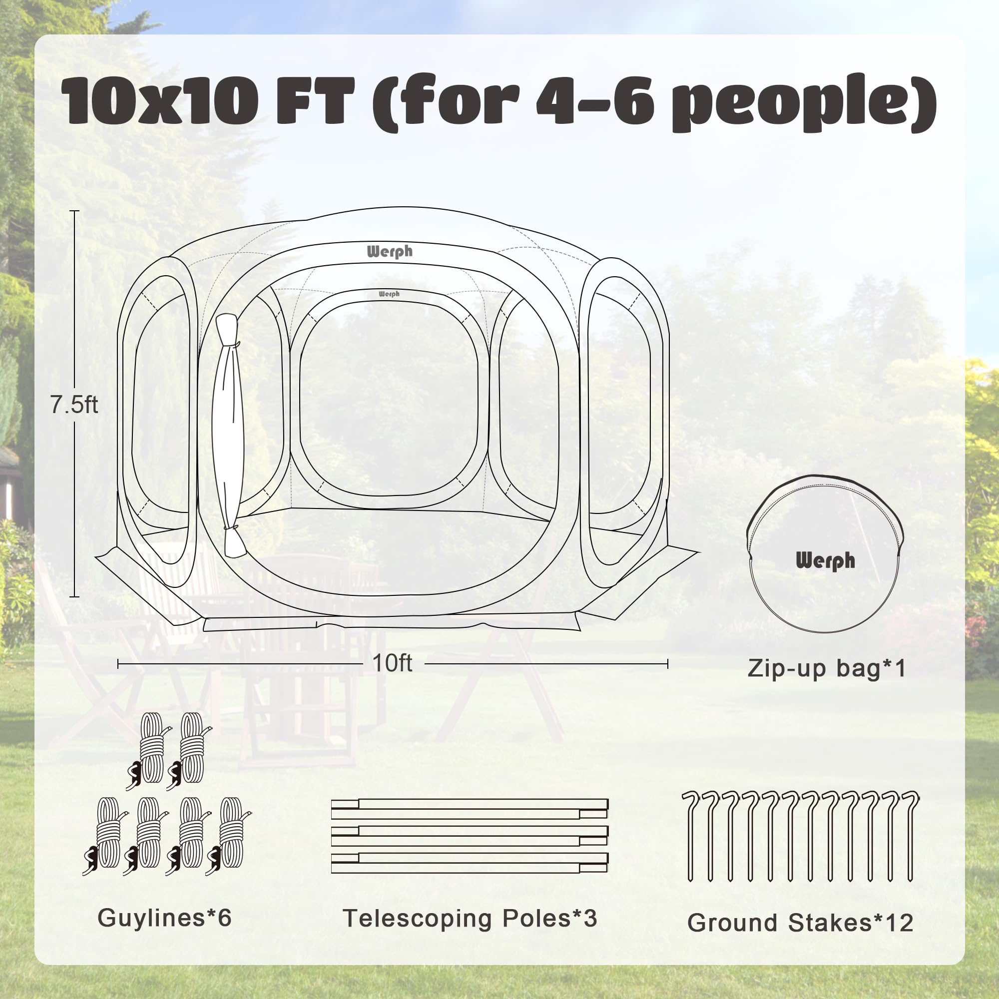 Werph Screen Tent Pop-Up, Portable Tent Canopy with Mesh Mosquito Net, Screen House Room Canopy Shade 10x10 FT with Carry Bag fo
