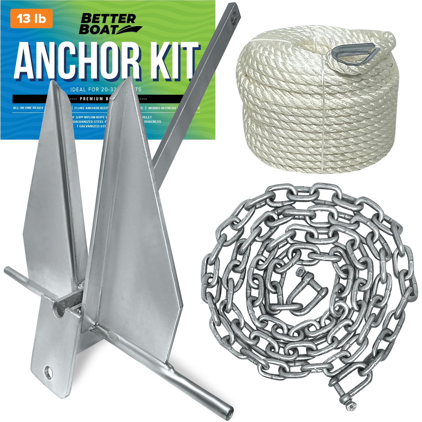 13Lb Heavy Boat Anchor Kit Fluke Anchor With Anchor Chain And Boat Anchor Rope Set For 20' - 32' Foot Including Boat Anchors For