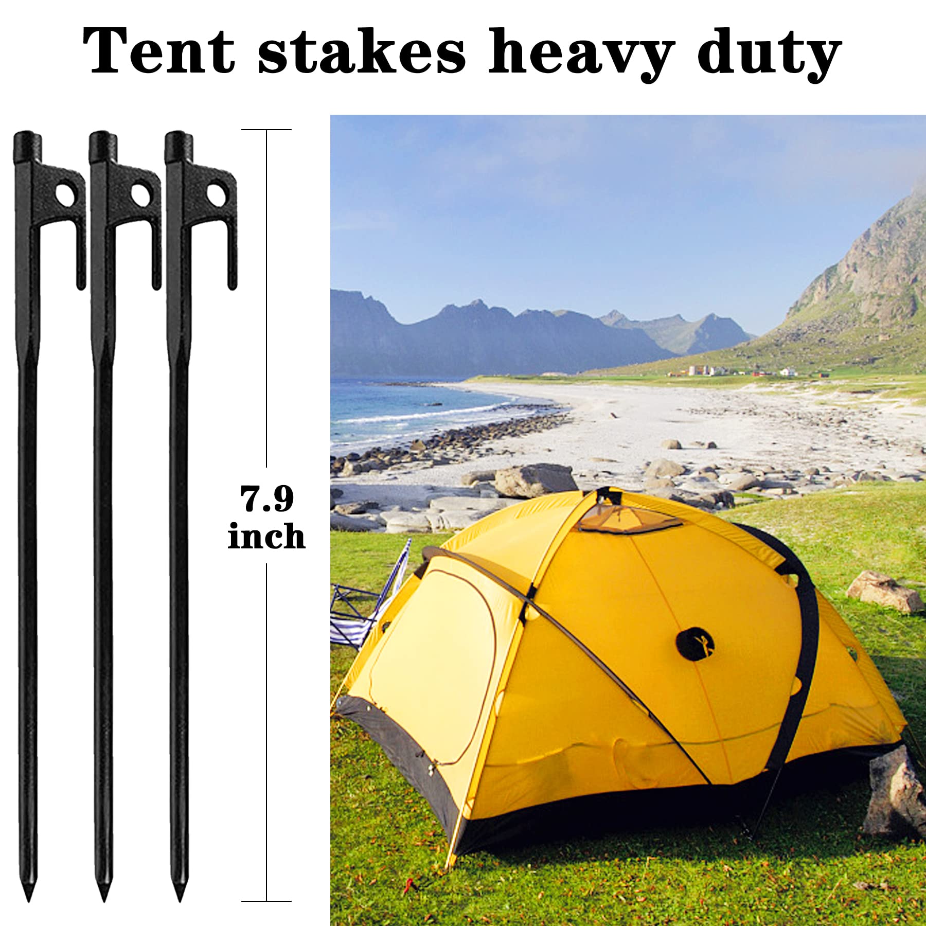 Csdtylh 12 Pack Tent Stakes Heavy Duty, Metal Tent Stakes Lightweight, Black Camping Stakes, Steel Tent Spikes, Canopy Stakes, T