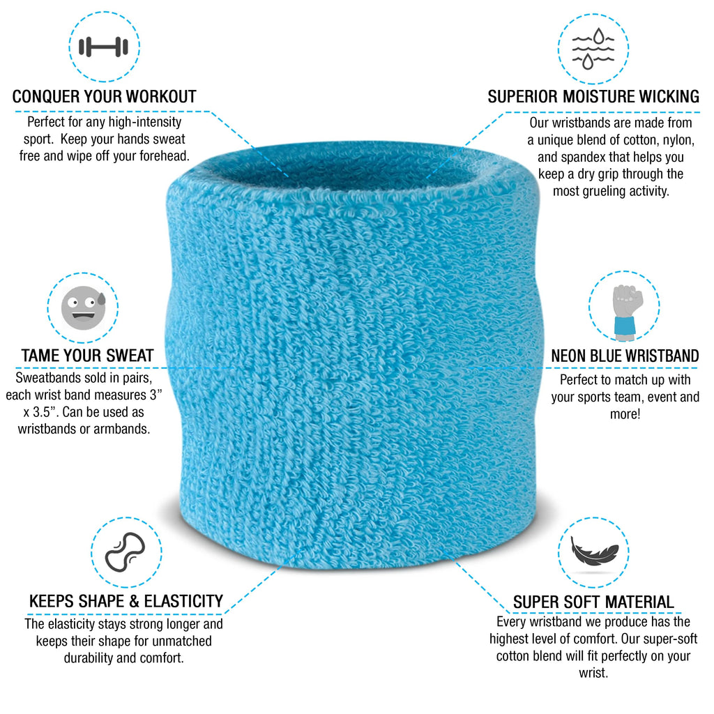 Suddora Kids Wrist Sweatbands - Athletic Cotton Terry Cloth Sports Wristbands For Kids (Pair) (Neon Blue)