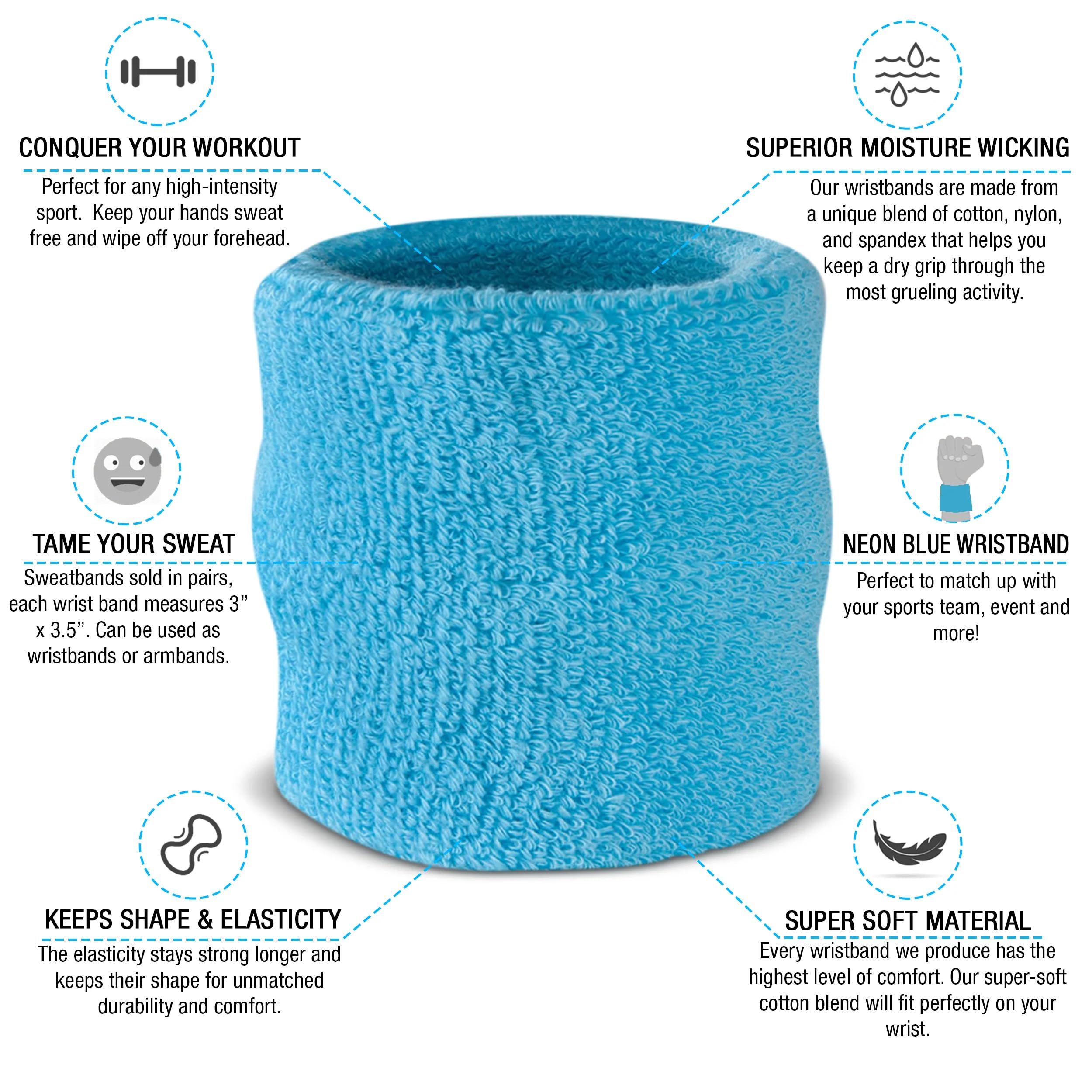 Suddora Kids Wrist Sweatbands - Athletic Cotton Terry Cloth Sports Wristbands For Kids (Pair) (Neon Blue)
