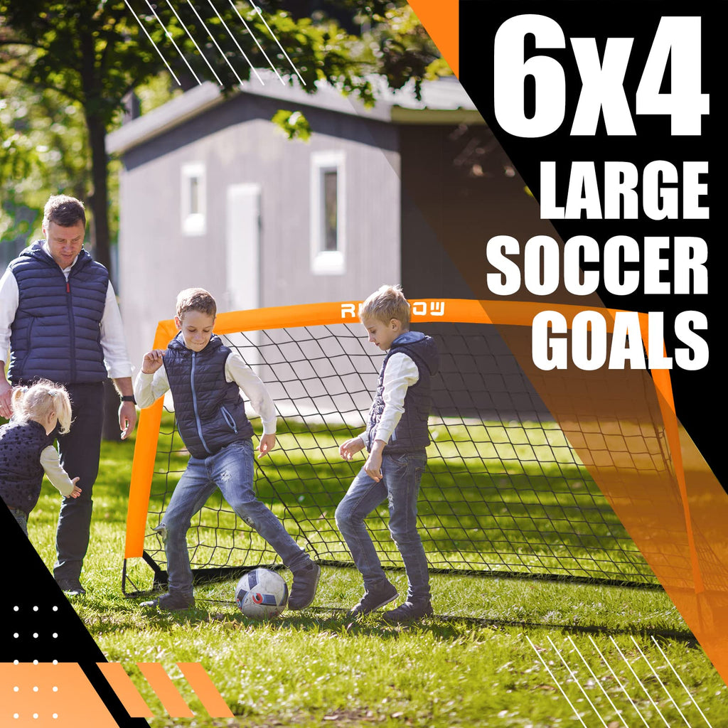 Runbow 6X4 Ft Portable Kids Soccer Goal For Backyard Practice Soccer Net With Carry Bag (6X4 Ft, Orange, 2 Pack)