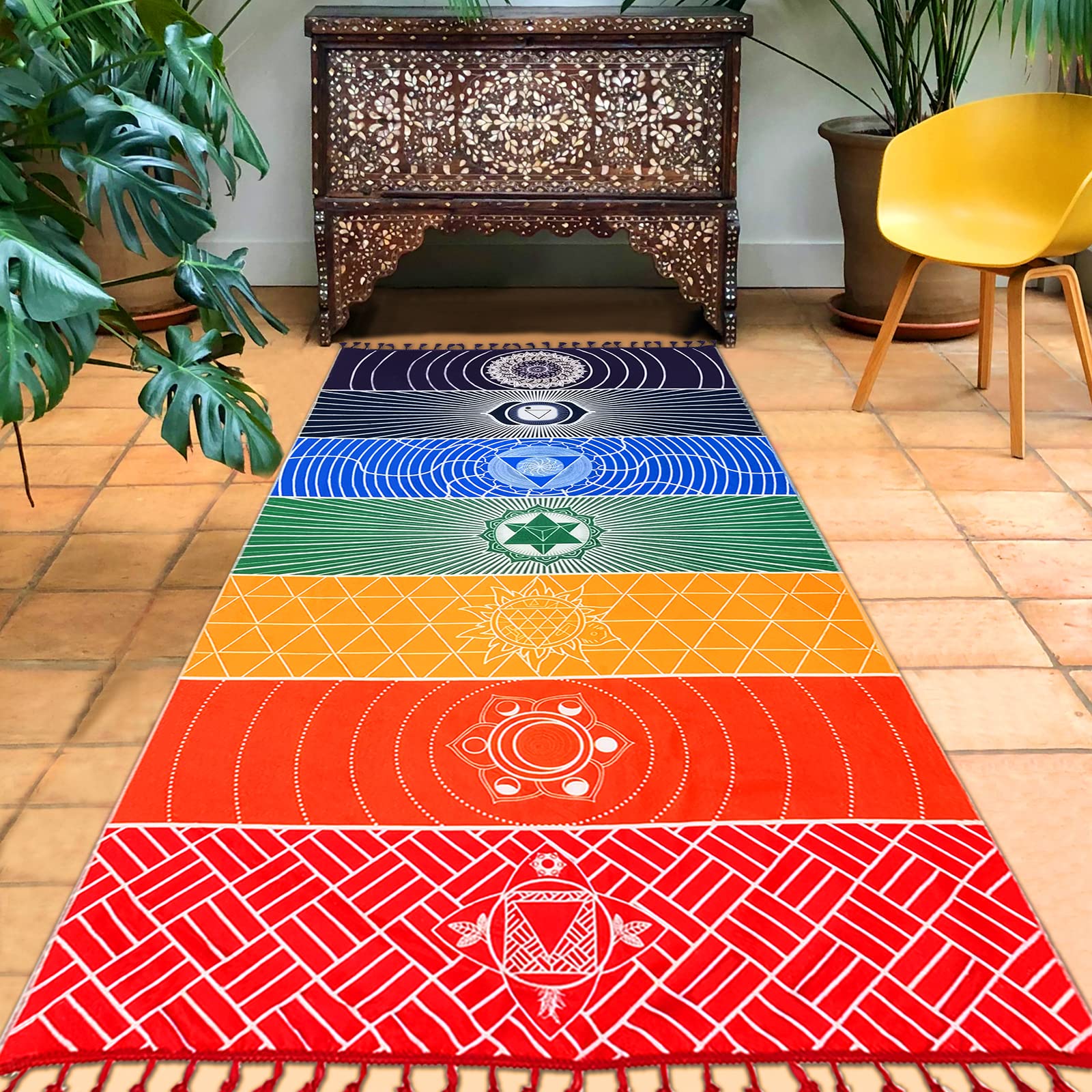 Neasyth Mexican Yoga Mat Beach Picnic Blanket Chakra Meditation Mat Yoga Rug Sunscreen Shawl Chakra Wall Tapestry Decor Boho Pil
