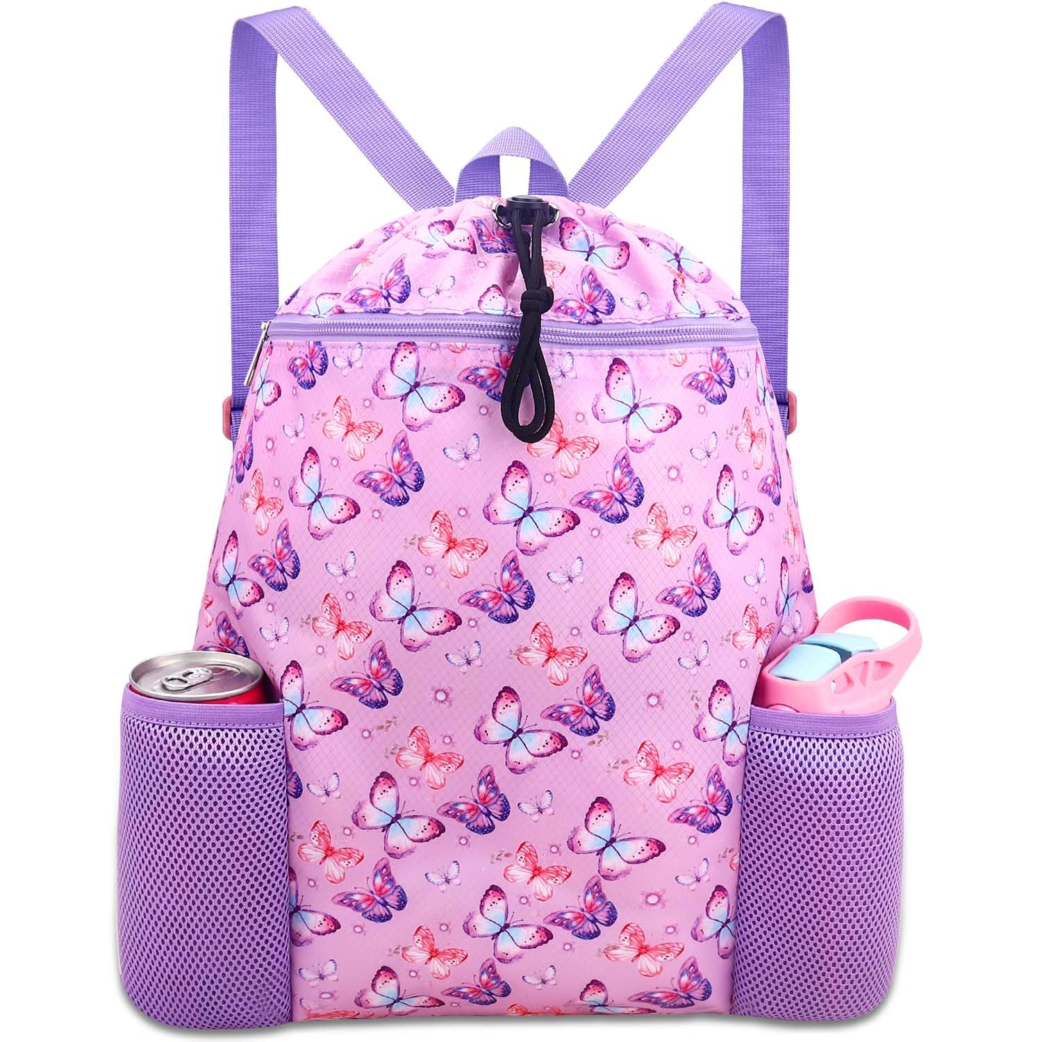 RHCPFOVR Butterfly Drawstring Backpack for Girls - Swim Bag for Kids Women Drawstring Bags for Beach Swimming Pool Lightweight D