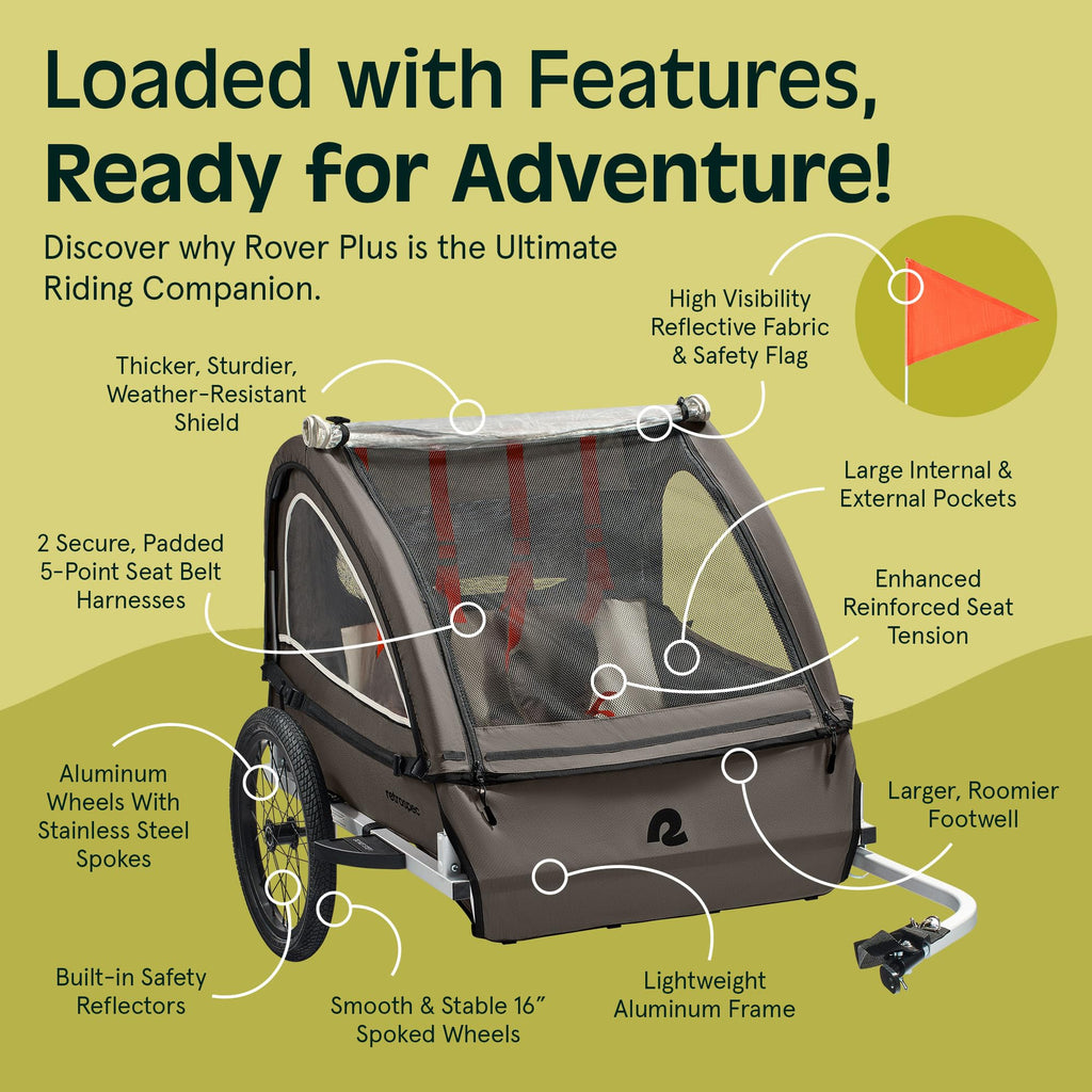 Retrospec Rover Plus Bike Trailer for Kids - Foldable Single/Double Passenger Design with 5-Point Safety Harness, Weather-Resist