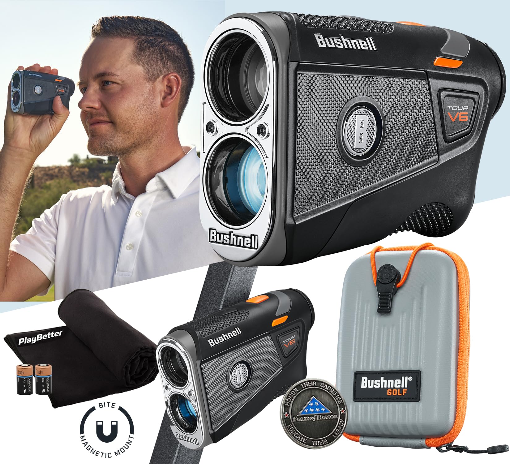 Bushnell Tour V6 Golf Rangefinder  Pinseeker With Visual Jolt, Bite Mount, & Ipx6 Rating  Bundle With Bushnell Golf Carrying Cas
