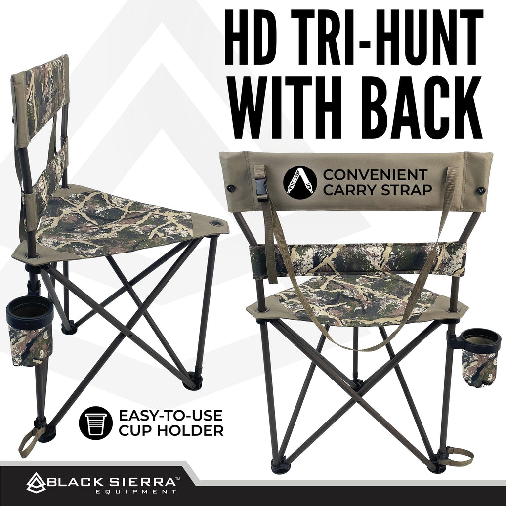 Black Sierra Xl Tripod Hunting Stool, Foldable Tripod Seat W/Steel Frame Supports 300 Lbs, Heavy Duty Fishing Chair Features Cup