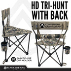 Black Sierra Xl Tripod Hunting Stool, Foldable Tripod Seat W/Steel Frame Supports 300 Lbs, Heavy Duty Fishing Chair Features Cup