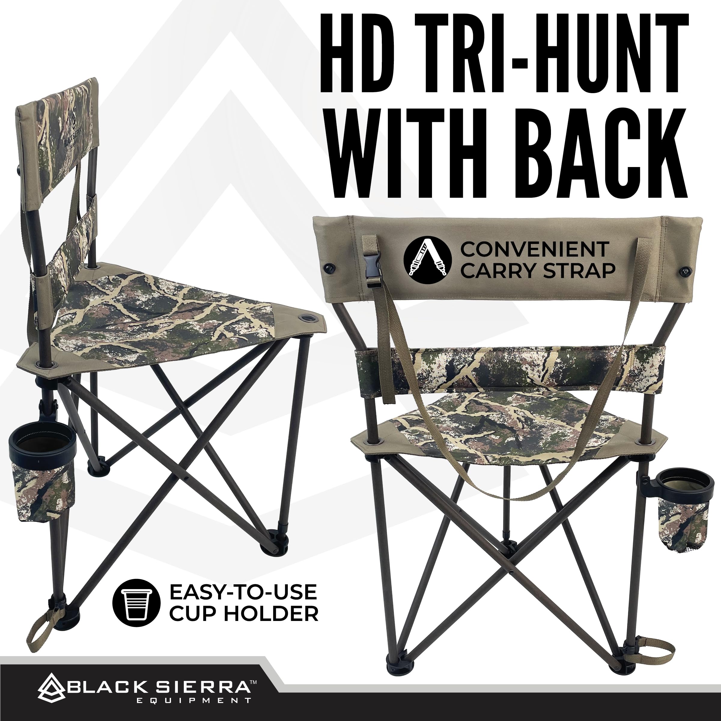 Black Sierra Xl Tripod Hunting Stool, Foldable Tripod Seat W/Steel Frame Supports 300 Lbs, Heavy Duty Fishing Chair Features Cup