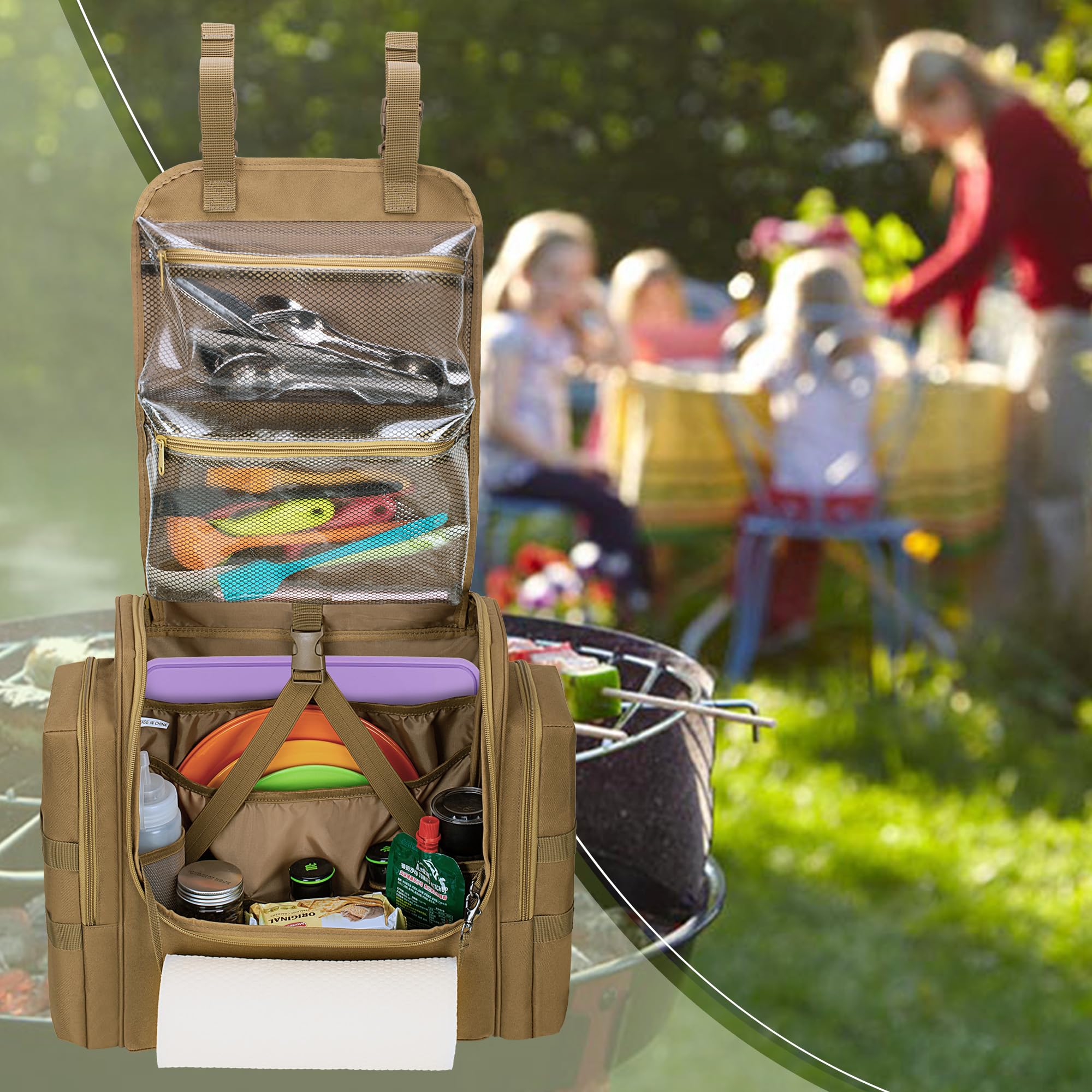 Hodrant Large Tactical Camping Kitchen Organizer, Hanging Cookware Storage Bag With Paper Towel Holder & Multi Pockets, Portable