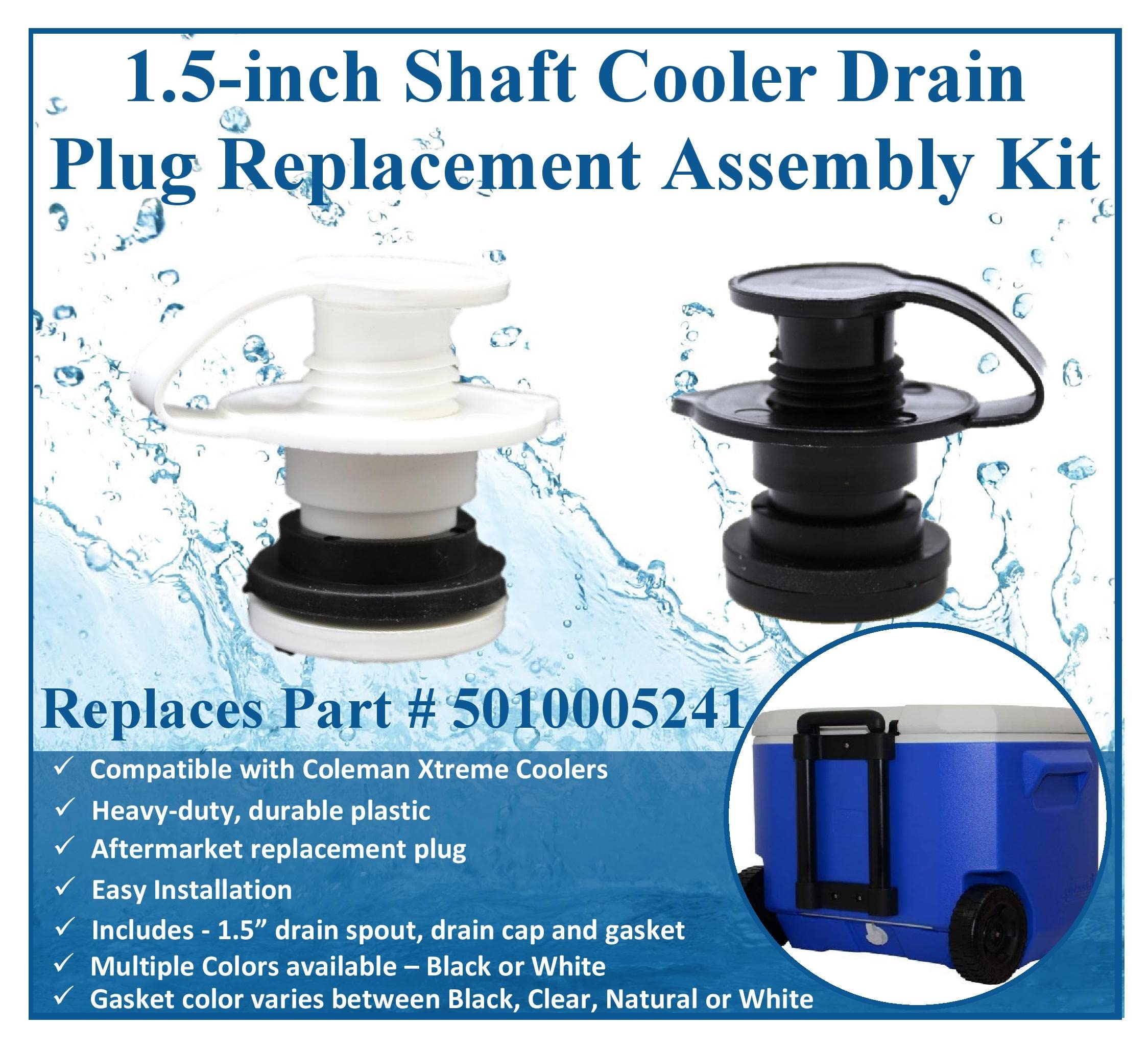 Aftermarket Black 1.5'' Shaft Cooler Drain Plug Assembly For Coleman Xtreme Coolers 50 Qt, 58 Qt, 82 Qt 5010005241 (2)