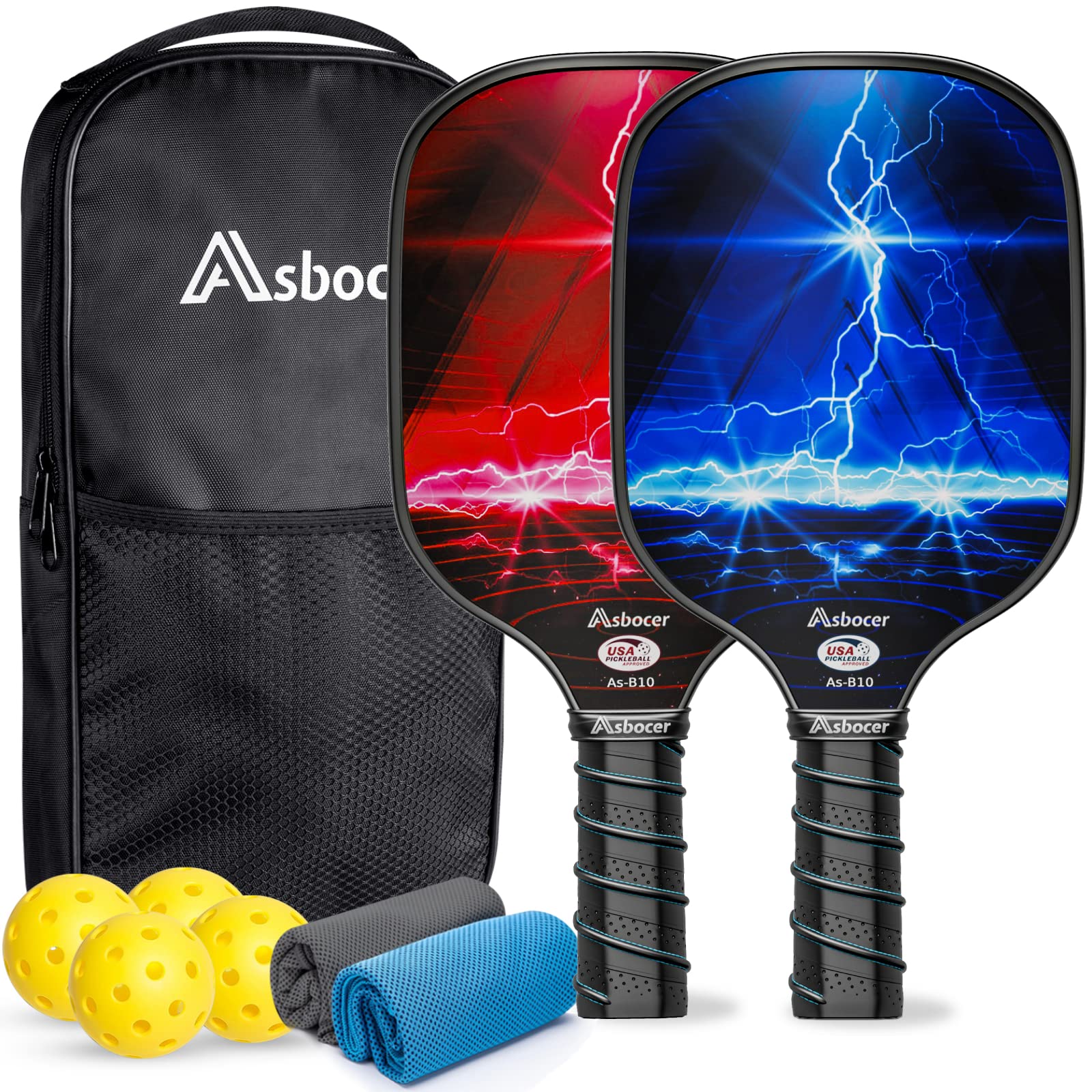 Asbocer Pickleball Paddles, Usapa Approved Pickleball Paddles Set Of 2, Fiberglass Surface Pickleball Set, 4 Pickleball Balls, 2