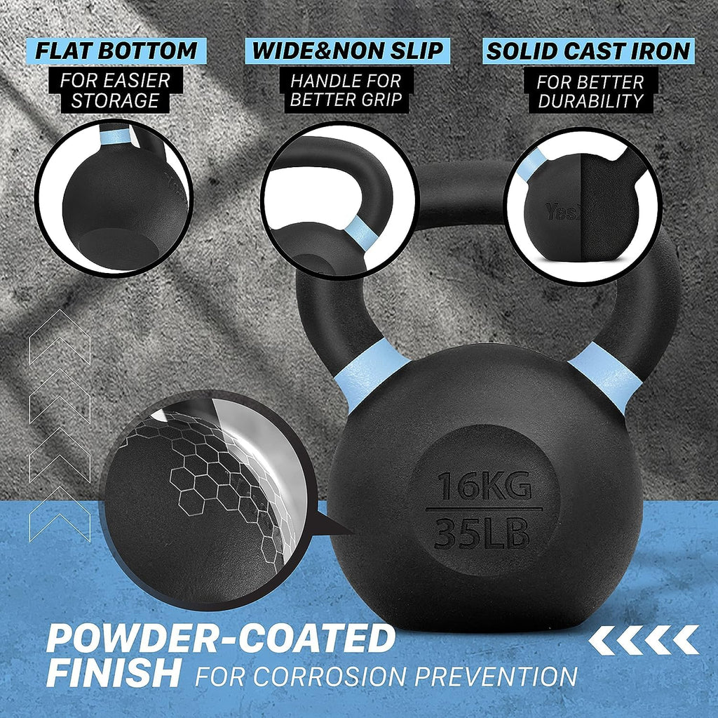 Yes4All Powder Coated Cast Iron Competition Kettlebell With Wide Handles & Flat Bottoms - 16 Kg / 35 Lb