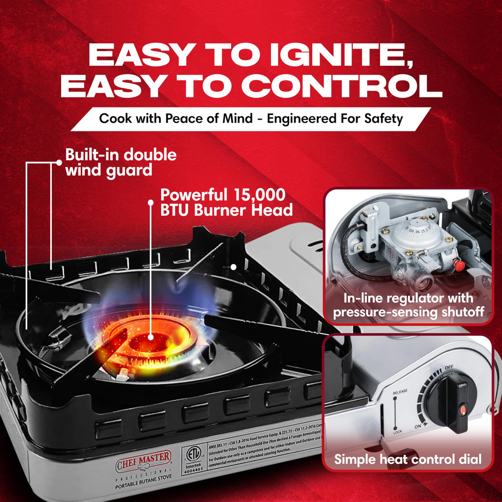 Chef Master 15,000 Btu Butane Portable Camp Stove + 4X 8Oz Butane Canisters | Double Wind-Guard Portable Stove Burner W/Piezo Ig