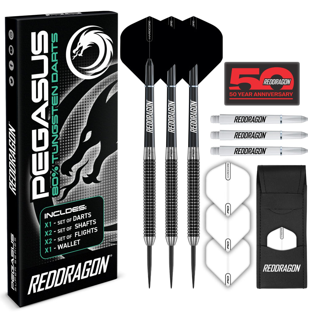 Red Dragon Pegasus Tungsten Steel Darts Set - 30 Gram - Black Shafts, Black Extra Thick Flights And Case