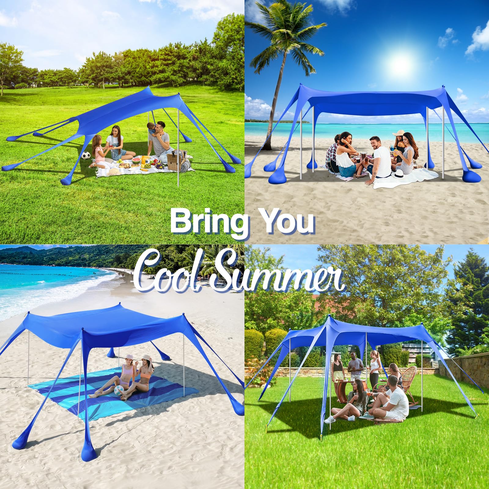 Rhino Valley Beach Tent, 10 X 10 Ft Beach Shade Upf50+ Protection, Beachcanopy With 8 Sandbags 4 Stability Poles, Outdoor Beach