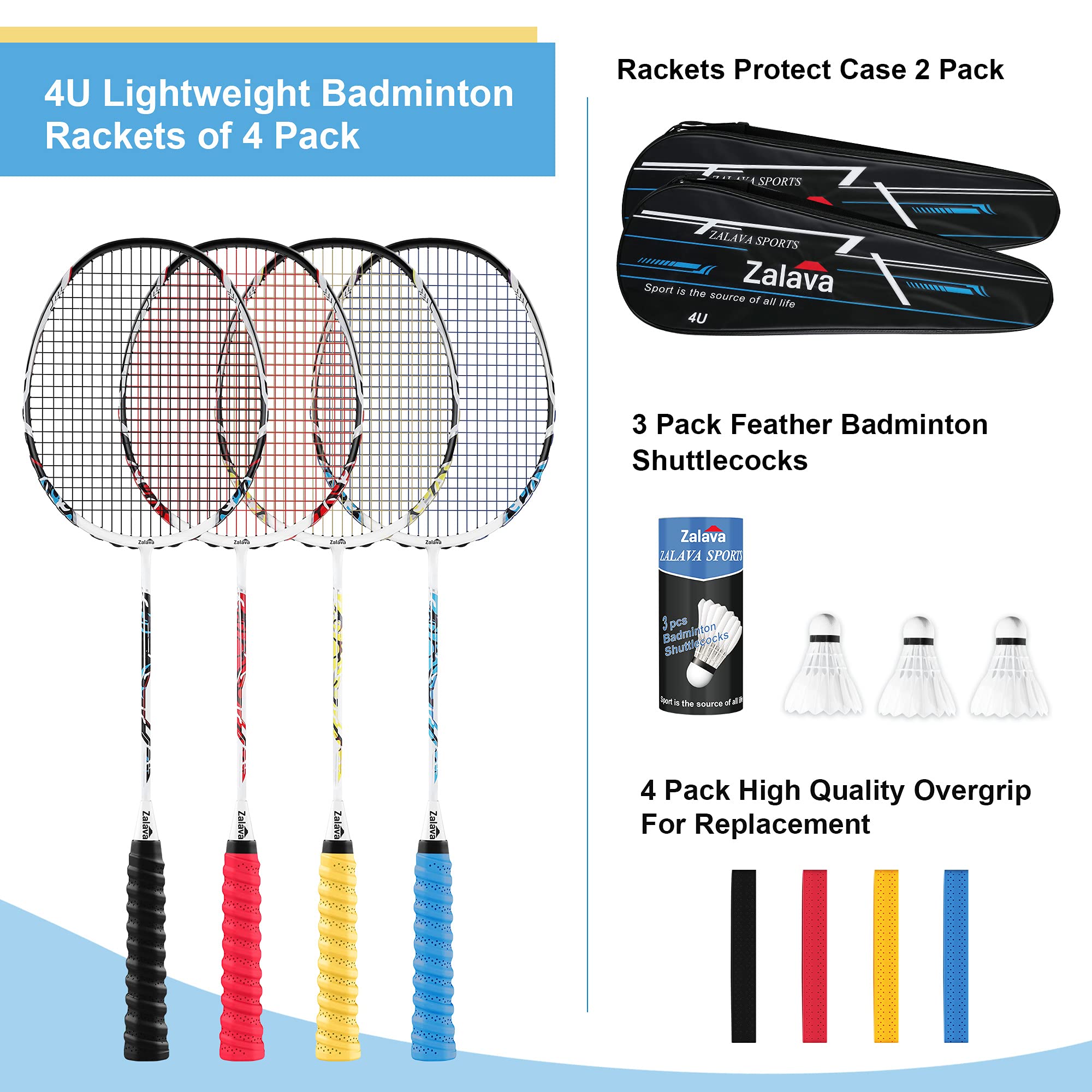 Professional Badminton Rackets Lightweight Badminton Racquets Set, Zalava Badminton Set 4 Pack,Carbon Fiber, 3 Shuttlecocks, 2 P