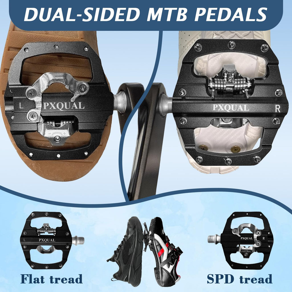 Pxqual SPD Bike Pedals - SPD Clipless & Flat Platform Combo Pedals for MTB & Road Bikes,9/16 Aluminum Alloy Sealed Bearing, Easy