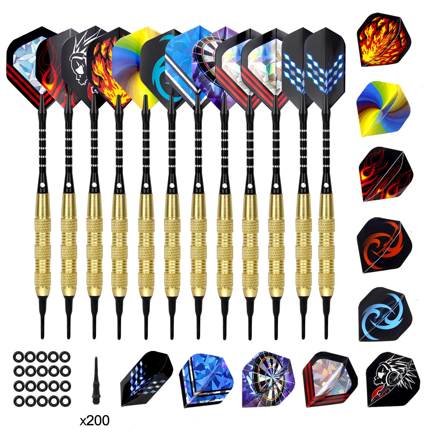 Roobeeo Soft Tip Darts 12 Pcs 18G Plastic Tip Darts Set With Brass Steel Barrels&Aluminum Shafts,200 Extra Dart Tips 42 Dart Fli