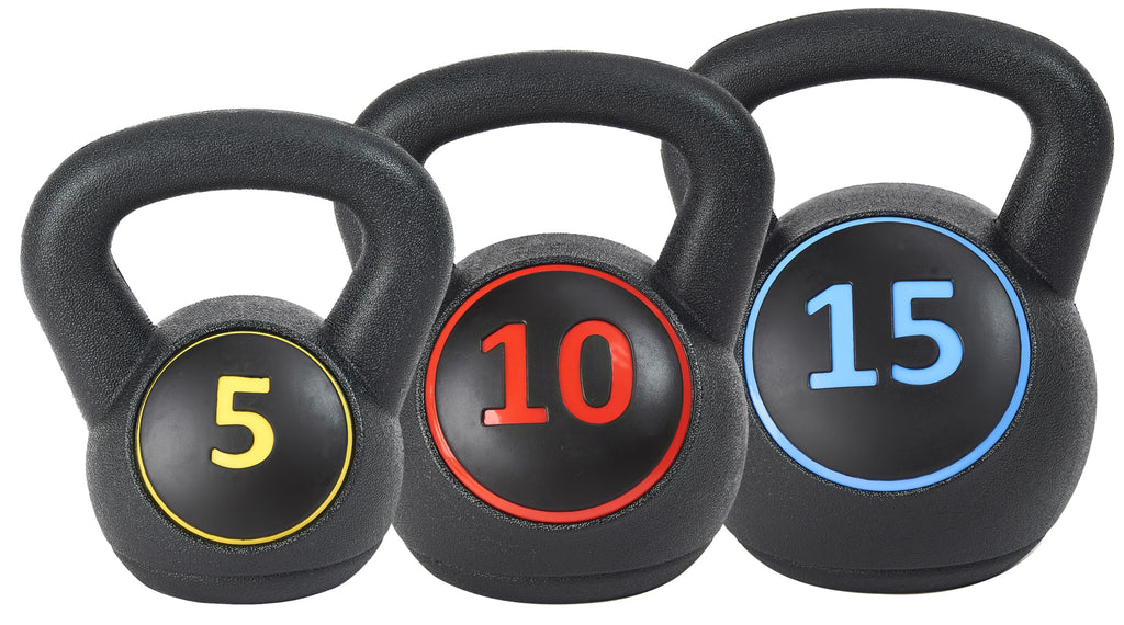 Sporzon! Wide Grip Kettlebell Exercise Fitness Weight, Set Of 3, Includes 5 Lbs, 10 Lbs, 15 Lbs, Multicolor
