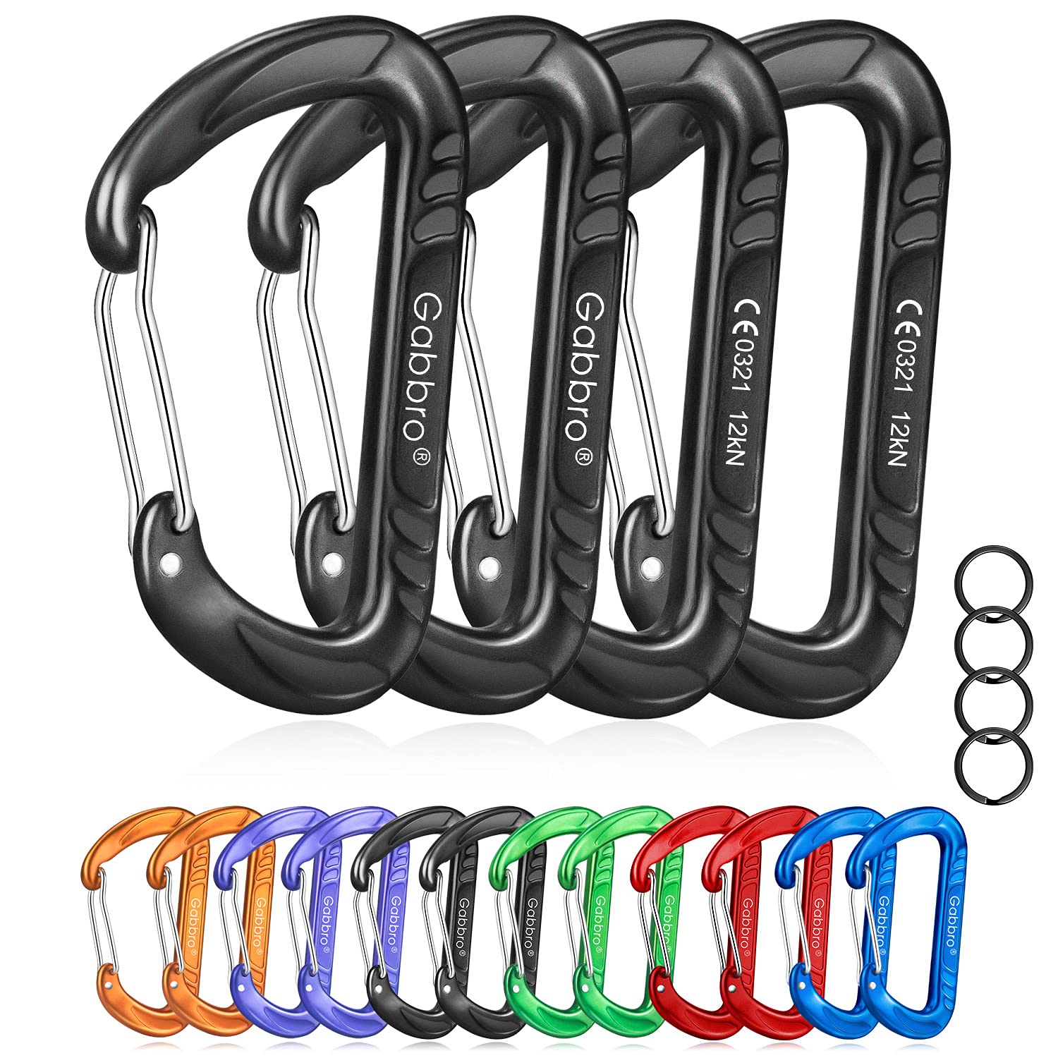 Gabbro Carabiner Clip Heavy Duty 2697Lbs, 4 Pcs 3'' Large Lightweight Aluminum Caribeaners With Keychain Hook Ring - Black
