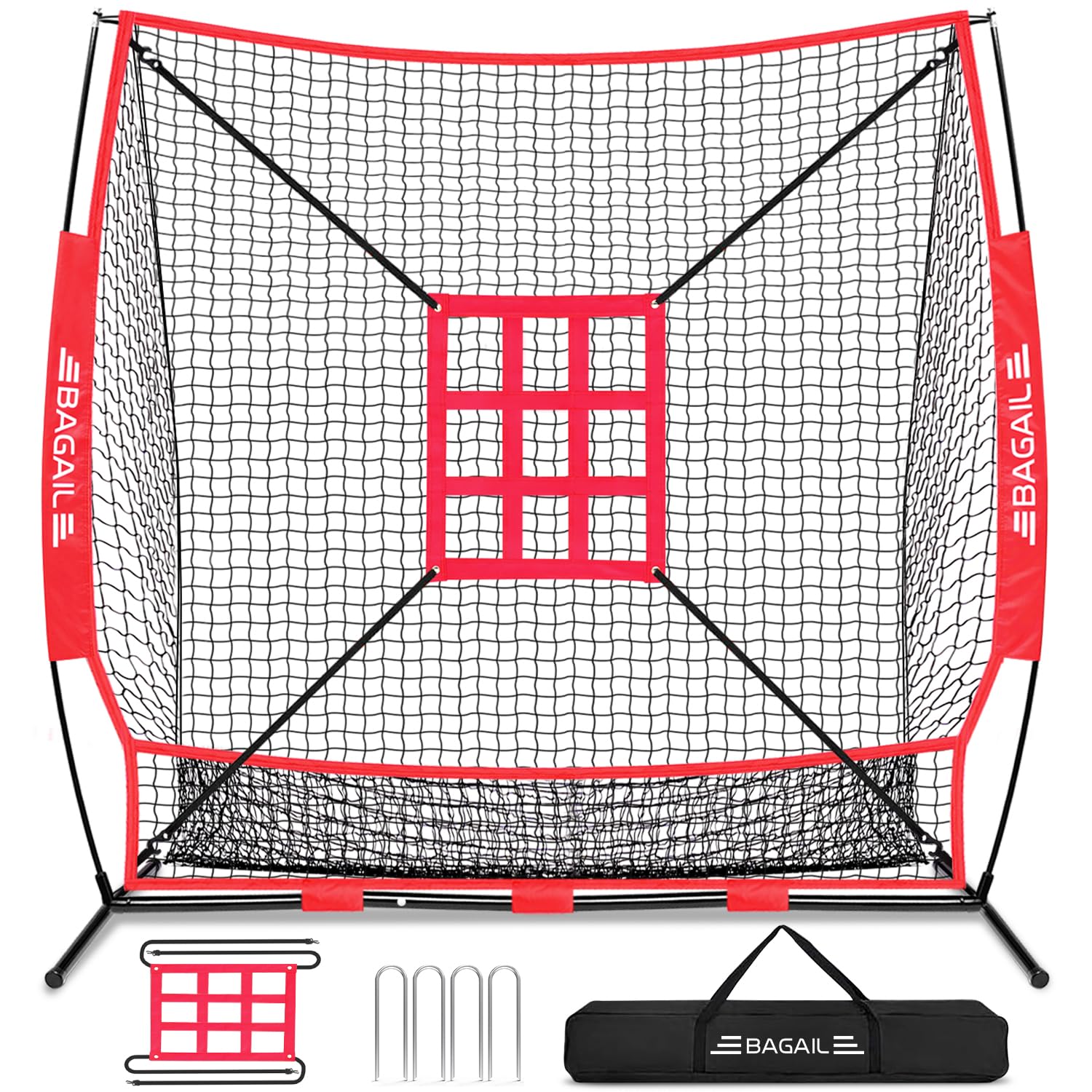 BAGAIL 7x7 ft Baseball & Softball Practice Net with Bow Frame for Batting, Hitting, Pitching, Portable Throwing Net with Strike 