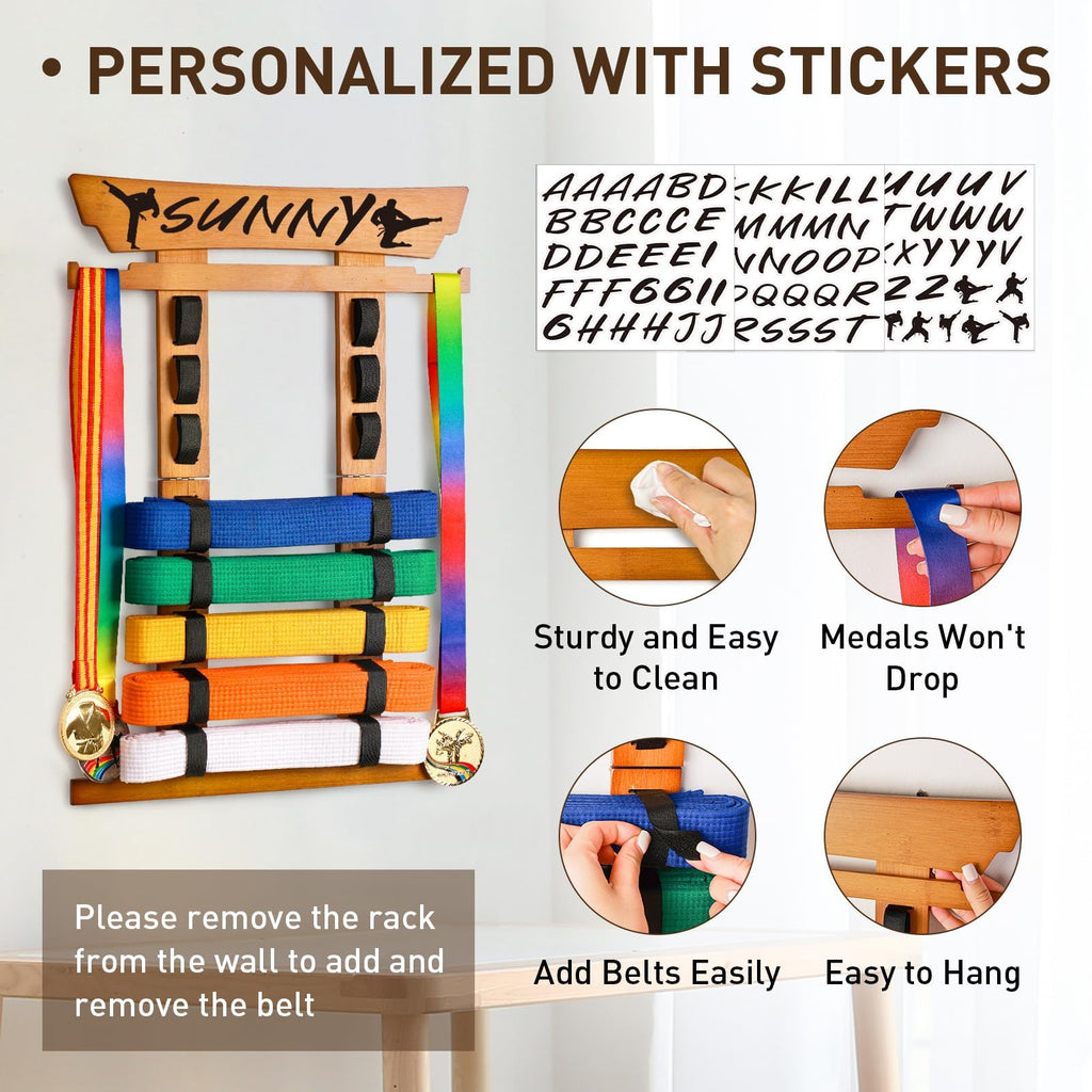 Tilhumt Karate Belt Display Rack Holder, Bamboo Taekwondo Belt Display With Stickers, Martial Arts Belt Display For 8 Belts With