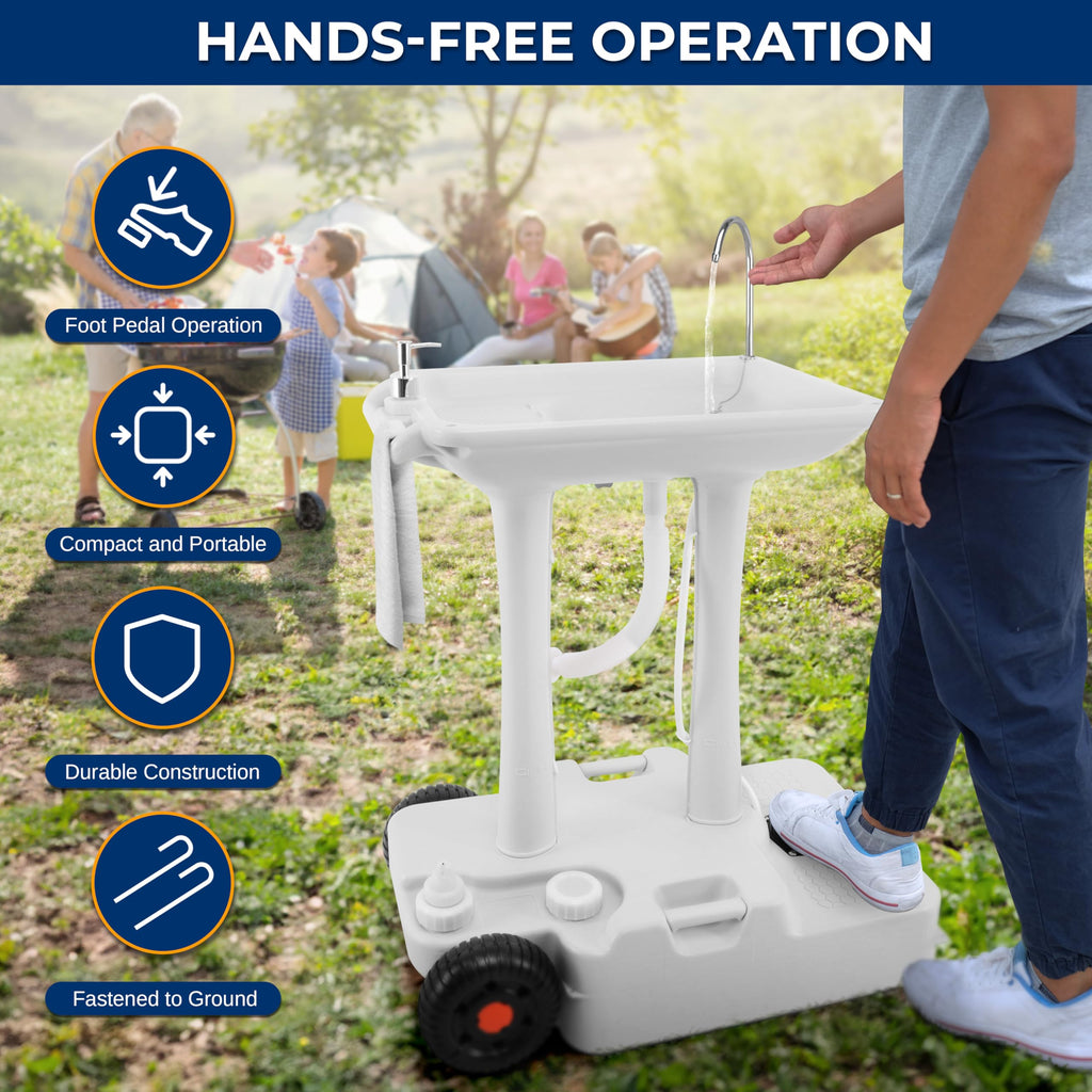 Serenelife Slcasn25 Portable Camping Sink W/Towel Holder & Soap Dispenser-30L Water Capacity Hand Wash Basin Stand W/Rolling Whe