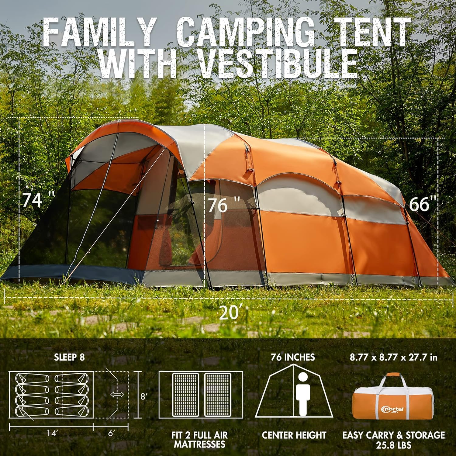 Portal 8 Person Family Tent For Camping With Screen Porch, Waterproof Large Camping Tent With Rainfly, Big Family Tents For Outd