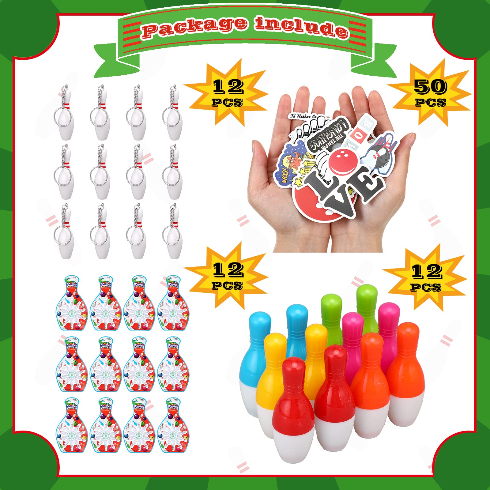 Deekin Bowling Party Favors 12 Pack Bowling Pin Keychain 12 Pcs Bowling Ballpoint Pen 12 Pack Mini Bowling Game Set 50 Pcs Bowli