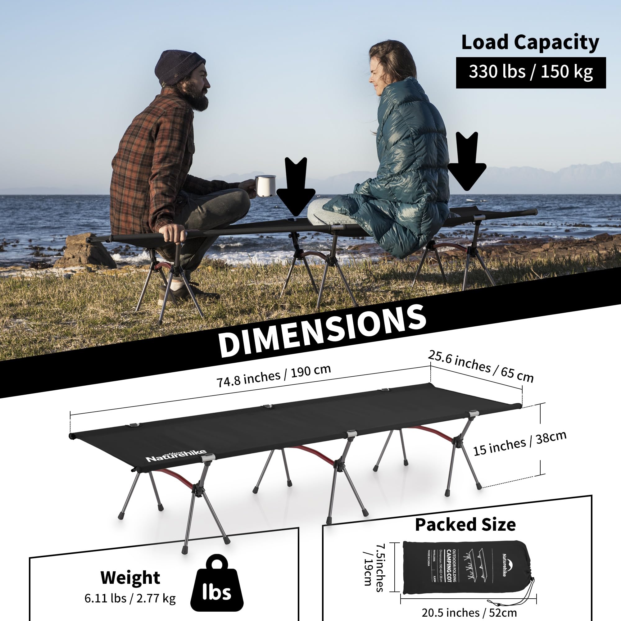 Naturehike Armywild Folding Camping Cot, Height Adjustable Ultralight Backpacking Cot, Portable Camping Bed For Camping Hiking T
