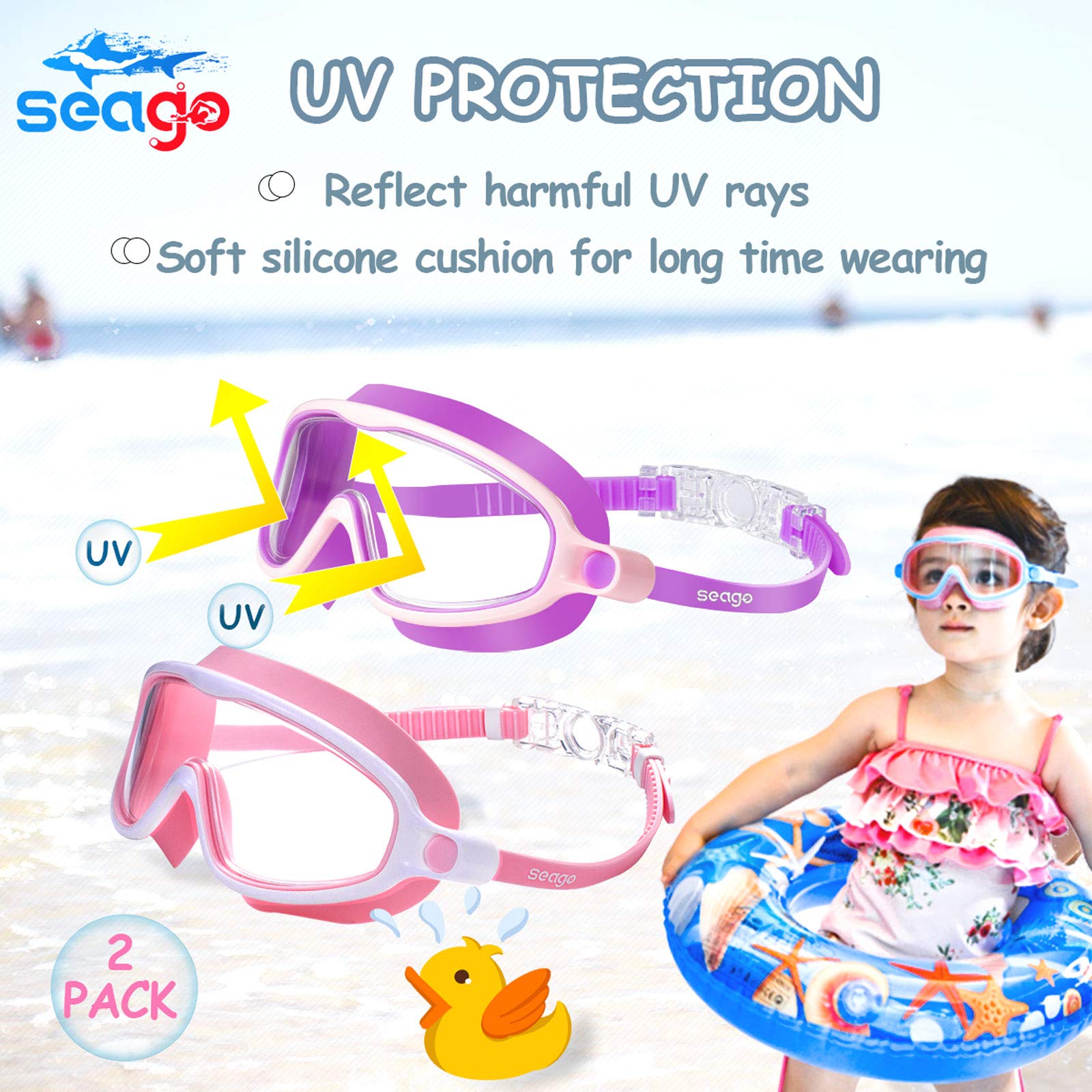 Kids Goggles For Swimming 2 Pack No Leaking Anti-Fog Outer Eye Fit With Wide View Uv Protection Crystal Clear Watertight Swim Go